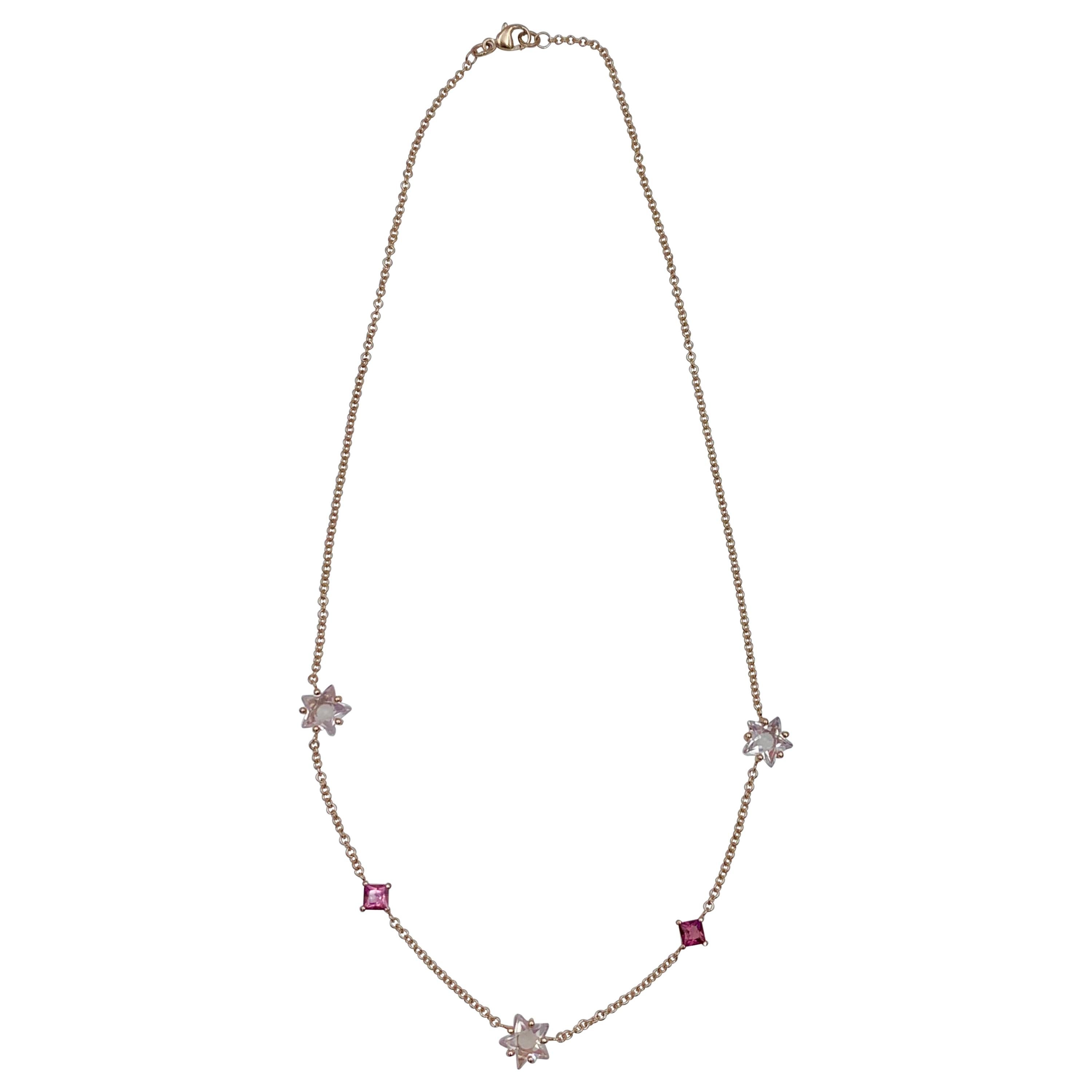 Chaîne collier ras du cou en or rose, quartz rose, étoiles et tourmaline avec diamants