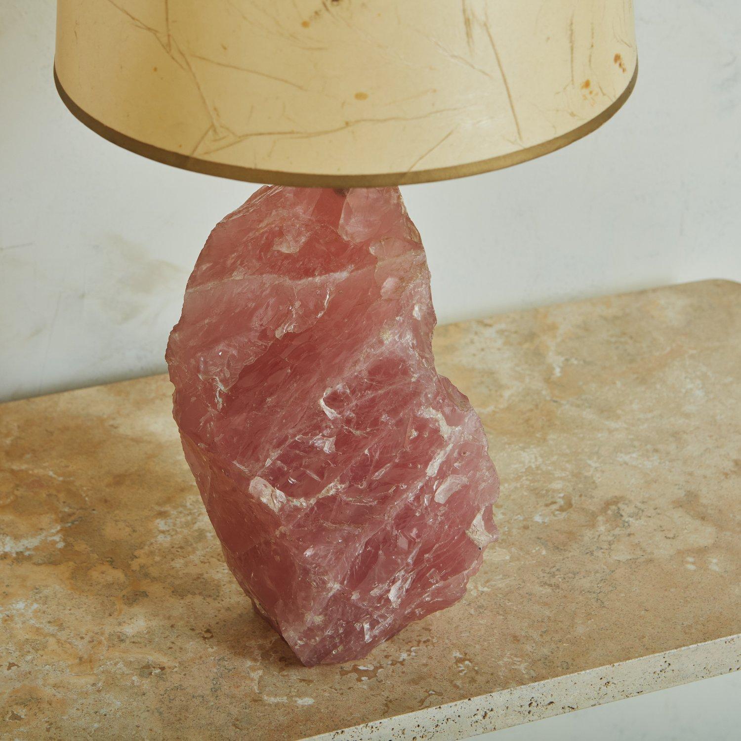 Rose Quartz Table Lamp with Original Paper Shade, France 1950s  For Sale 3