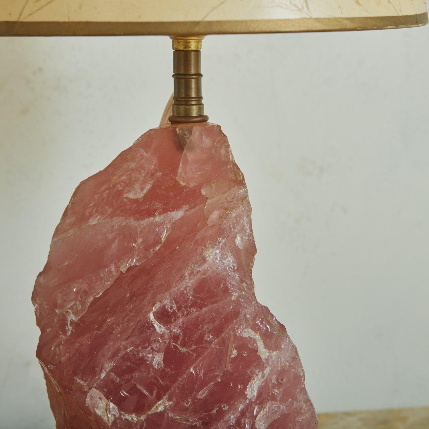 Rose Quartz Table Lamp with Original Paper Shade, France 1950s  For Sale 4