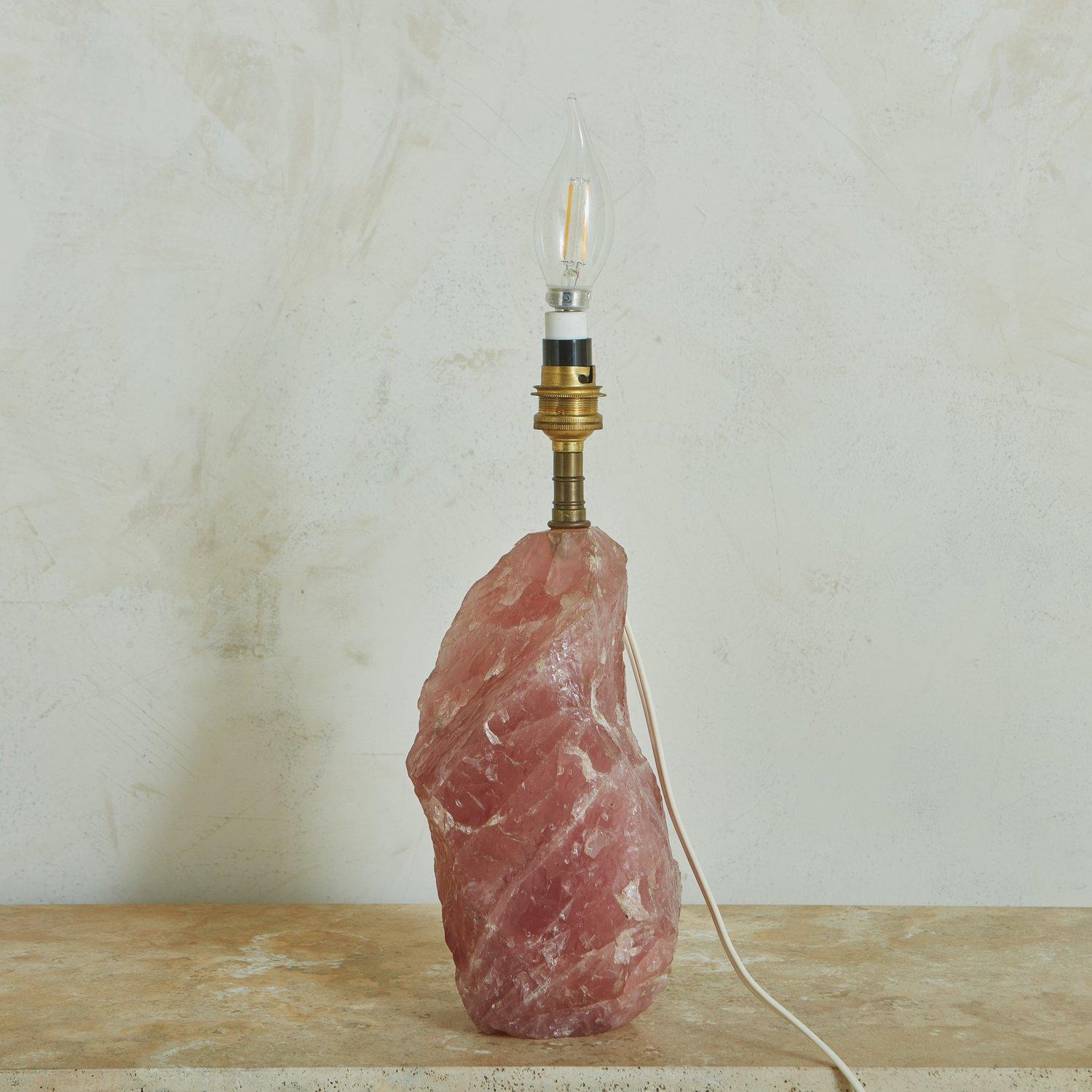 Rose Quartz Table Lamp with Original Paper Shade, France 1950s  For Sale 6