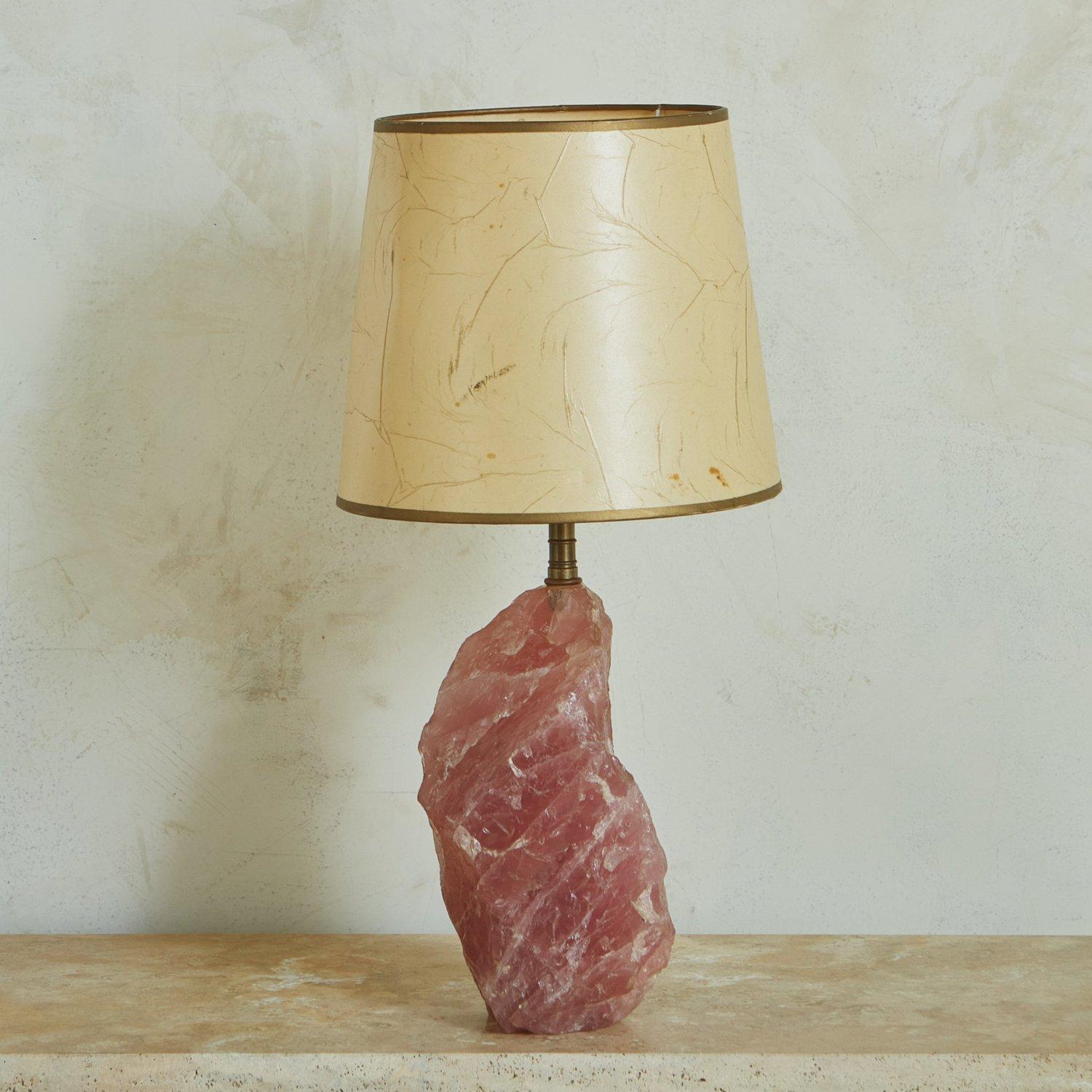 Organic Modern Rose Quartz Table Lamp with Original Paper Shade, France 1950s  For Sale