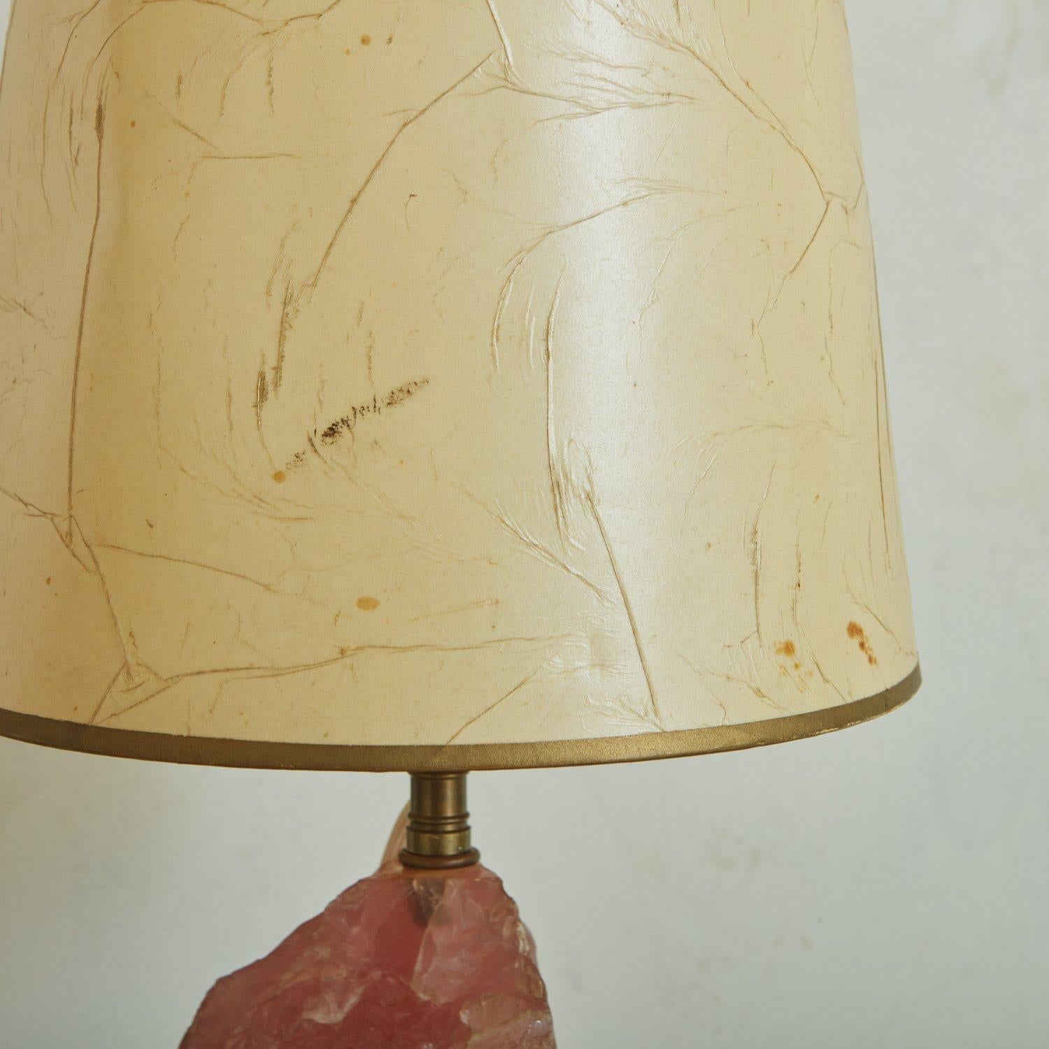 Rose Quartz Table Lamp with Original Paper Shade, France 1950s  For Sale 1