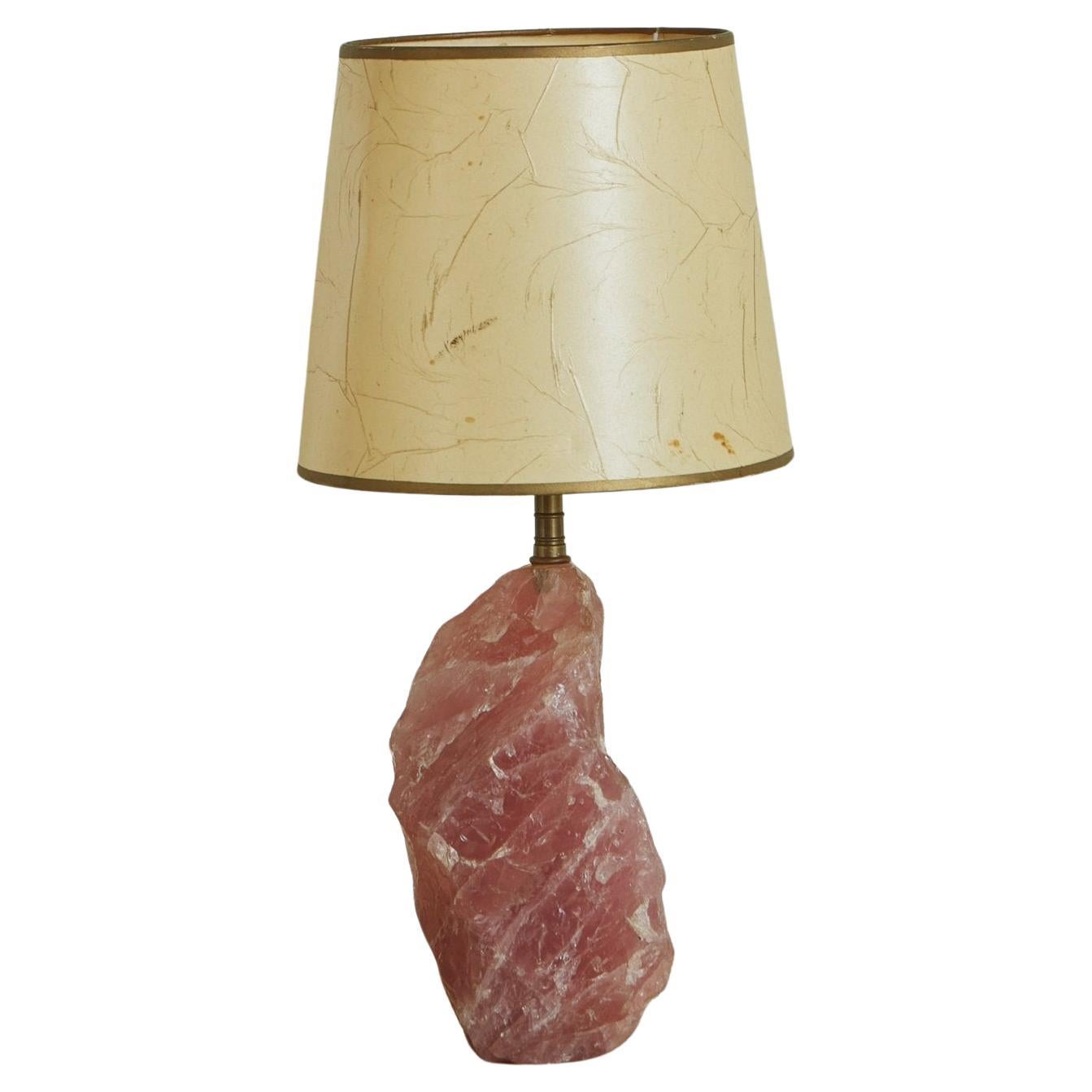 Rose Quartz Table Lamp with Original Paper Shade, France 1950s  For Sale