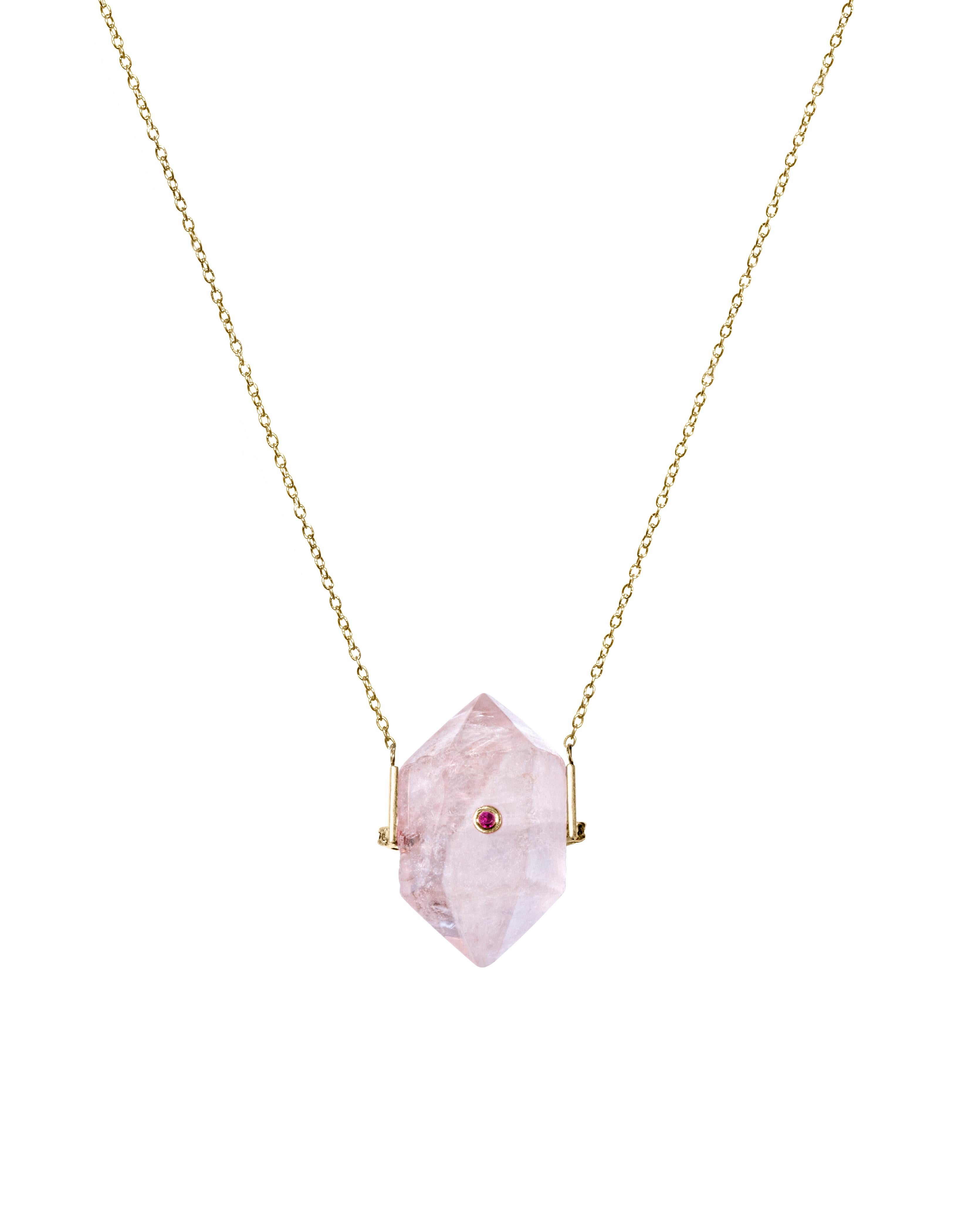 This delicate talisman pendant 14KY Gold necklace with Rose Quartz is available with Pink Tourmalines, Amethysts and White Sapphires. 

Rose Crystal Quartz double terminated pointed, about 30-54mm in length and 11-14mm in width.

Pink Tourmalines,