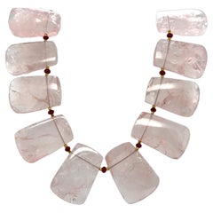Rose Quartz Tile and Ruby Beaded Reversible Necklace with Yellow Gold Accents