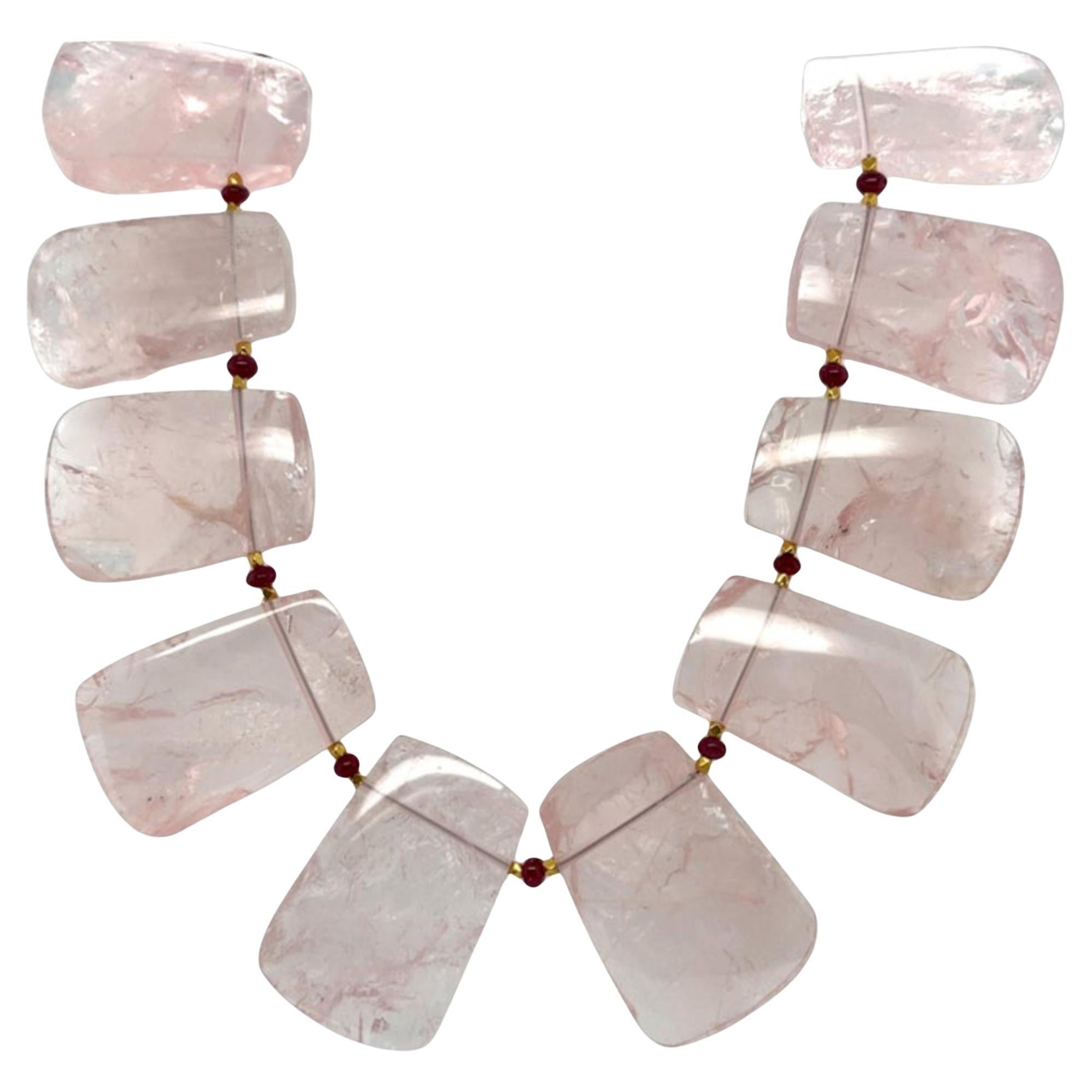 Rose Quartz Tile and Ruby Beaded Reversible Necklace with Yellow Gold Accents For Sale