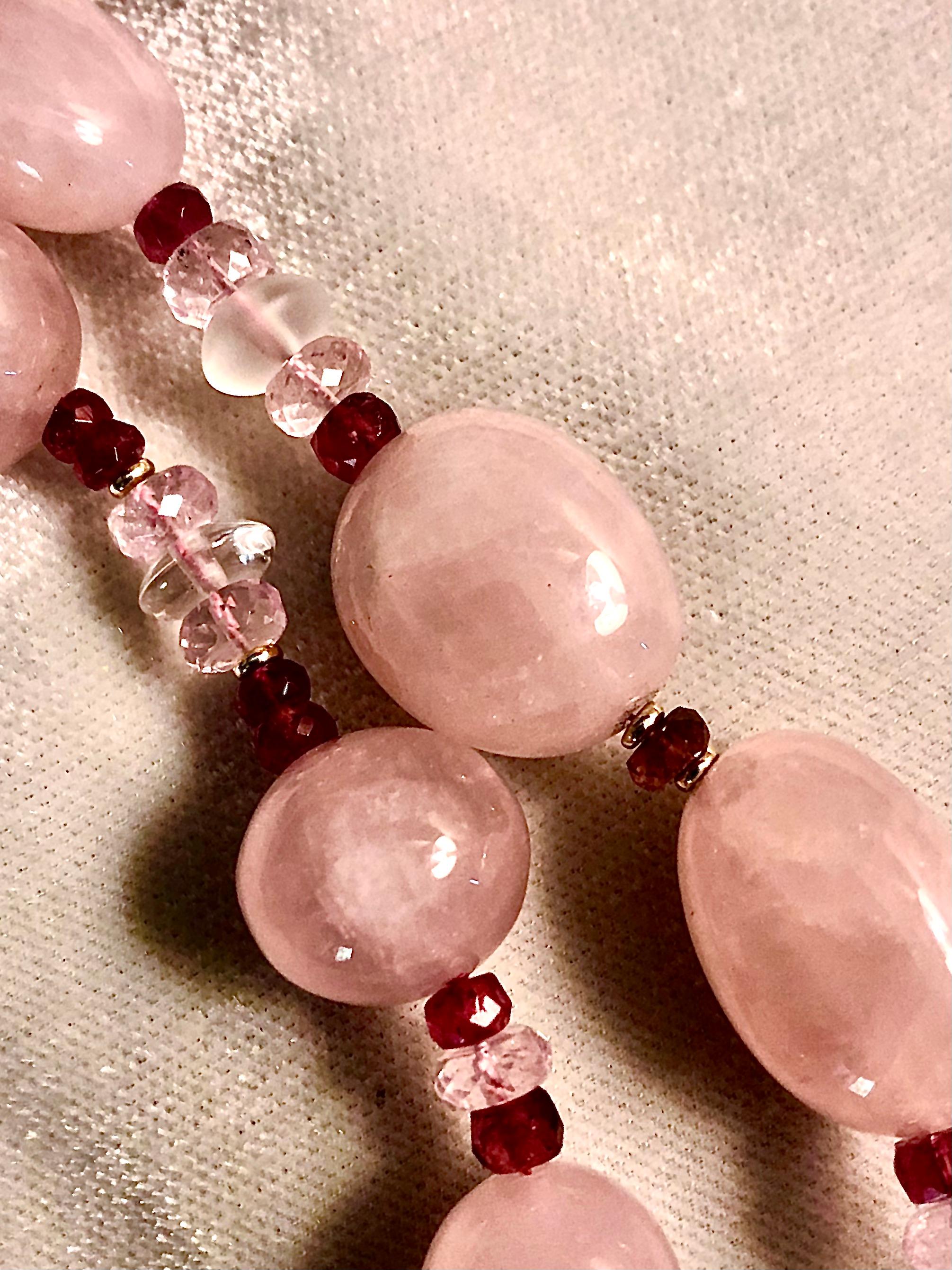 Retro Rose quartz, tourmaline, morganite and rock crystal pair of necklaces For Sale