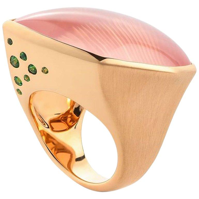 Rose Quartz Tsavorite Gold "Leaf" Ring Wagner Collection For Sale