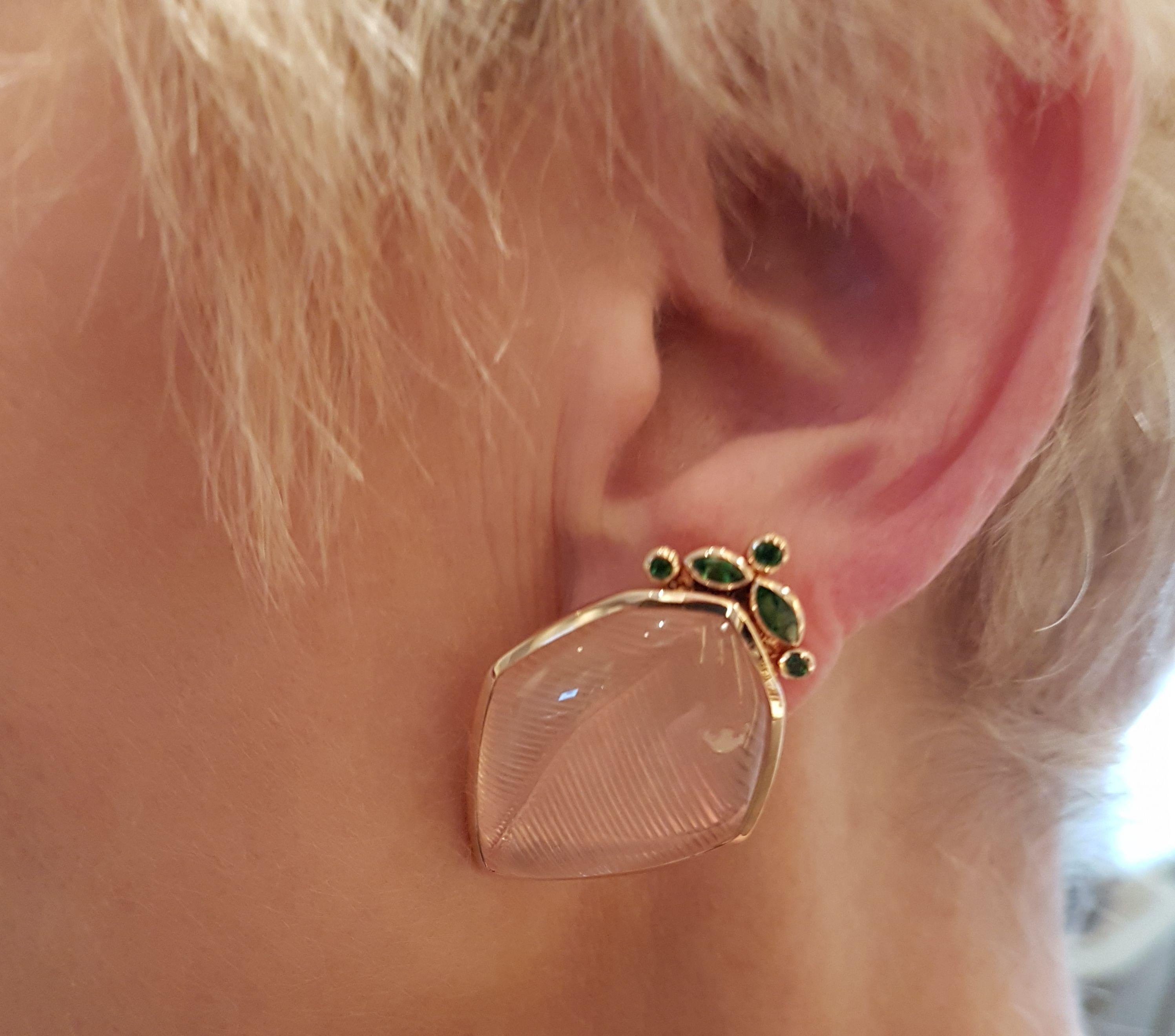 Modern Rose Quartz Tsavorite Gold Leaf Wagner Collection Stud Earrings