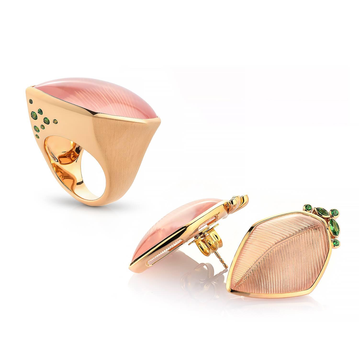 Rose Quartz Tsavorite Gold Leaf Wagner Collection Stud Earrings Damen