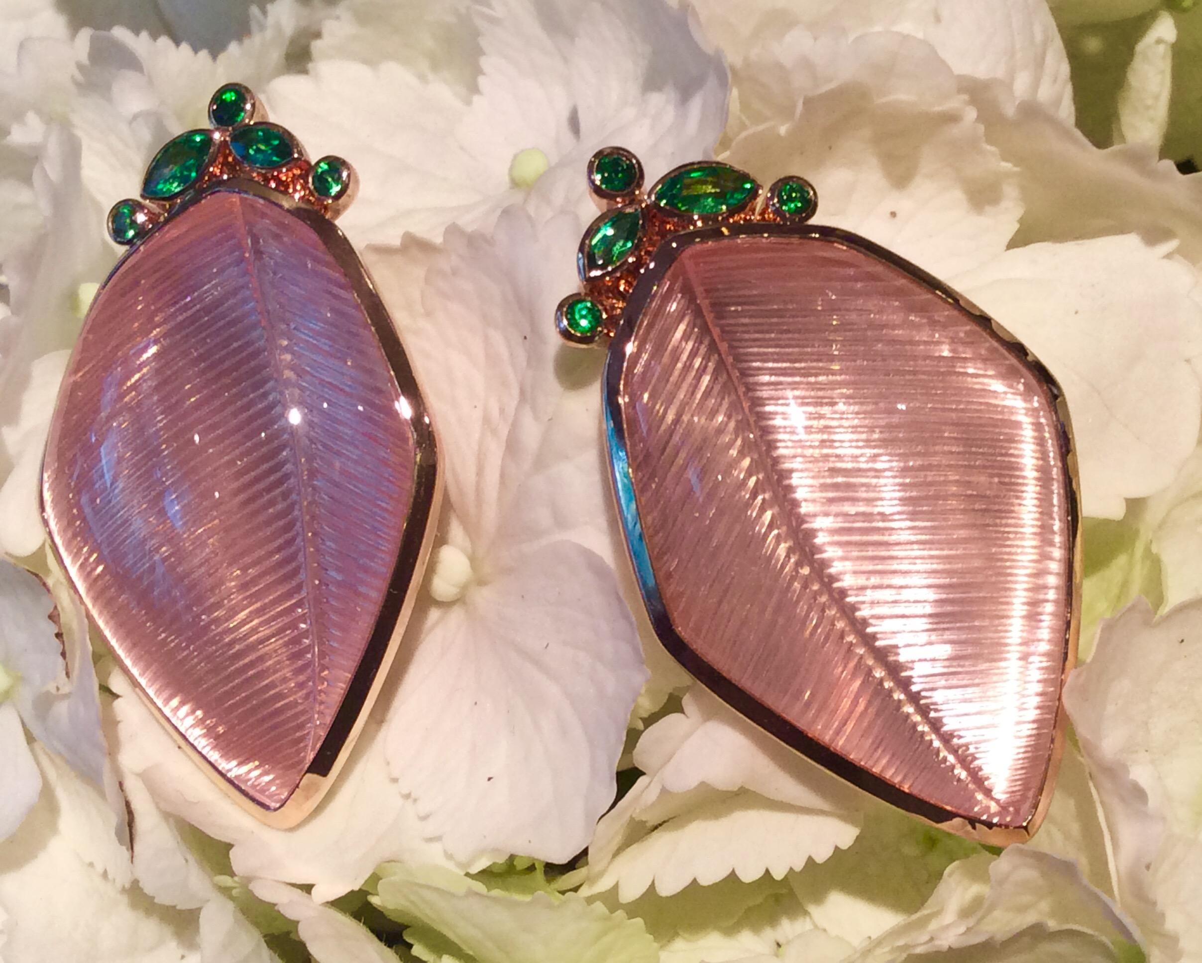 Rose Quartz Tsavorite Gold Leaf Wagner Collection Stud Earrings 1