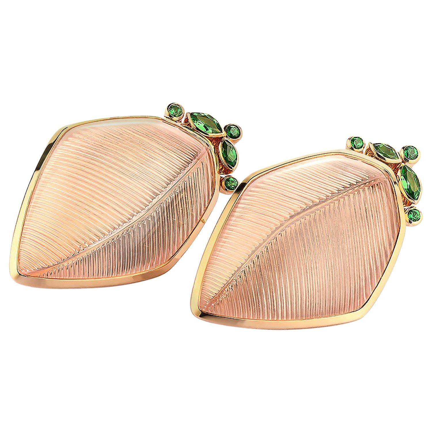 Rose Quartz Tsavorite Gold Leaf Wagner Collection Stud Earrings