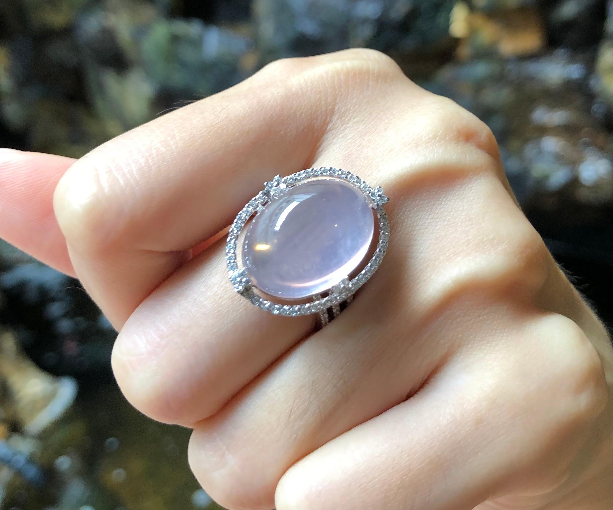Cabochon Rose Quartz with Diamond Ring Set in 18 Karat White Gold Settings For Sale