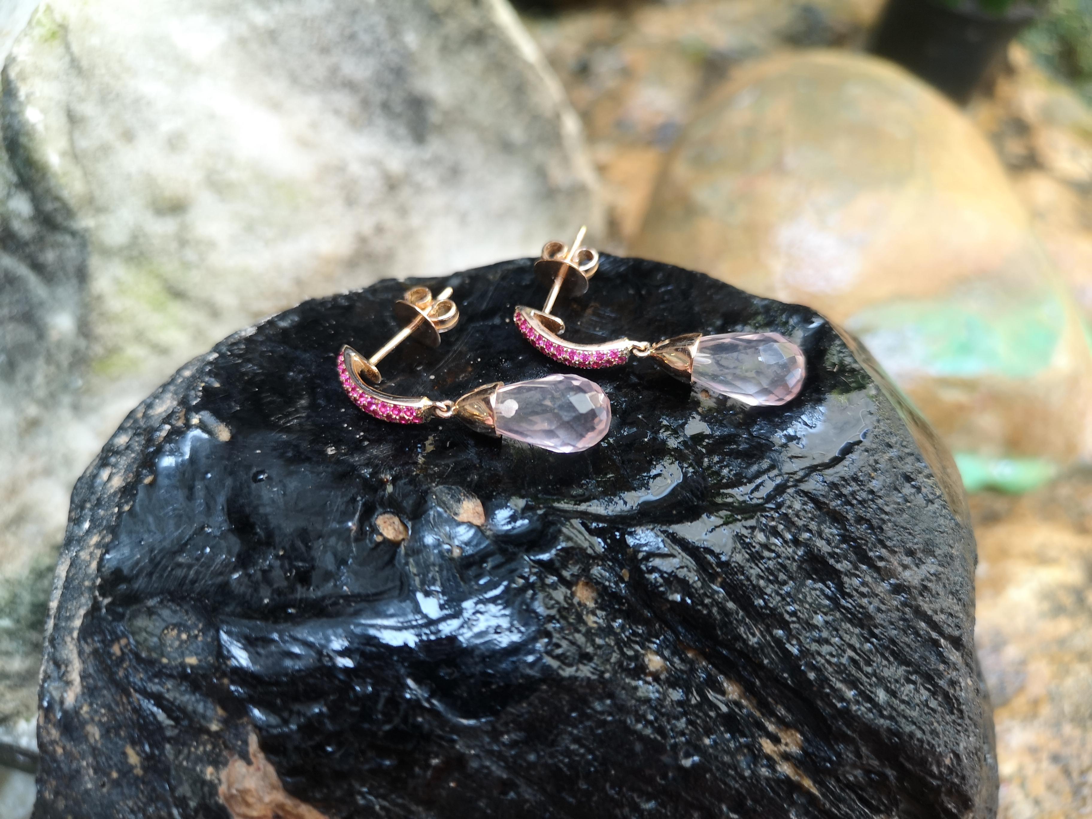 Pear Cut Rose Quartz with Pink Sapphire Earrings Set in 18 Karat Rose Gold Settings For Sale