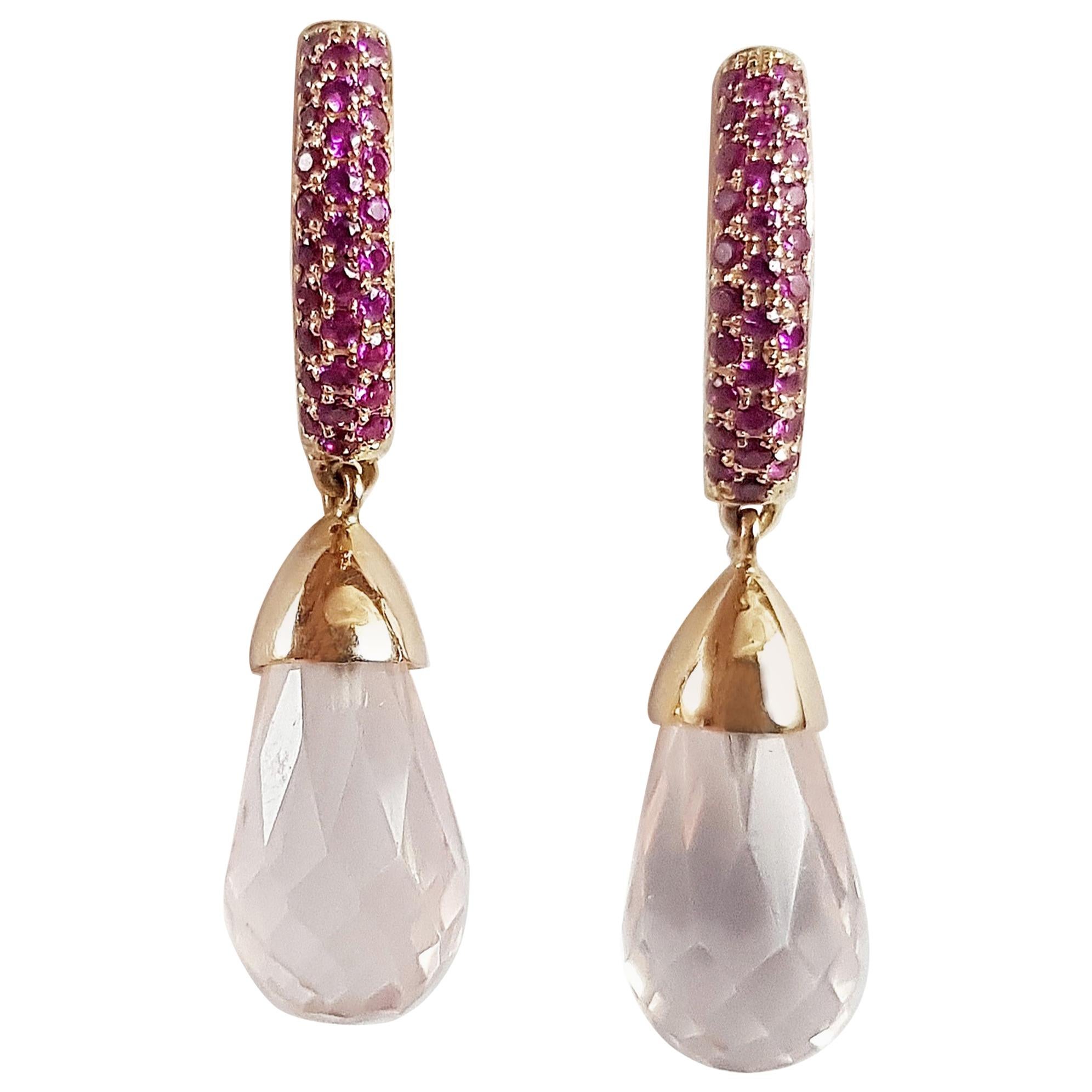 Rose Quartz with Pink Sapphire Earrings Set in 18 Karat Rose Gold Settings For Sale