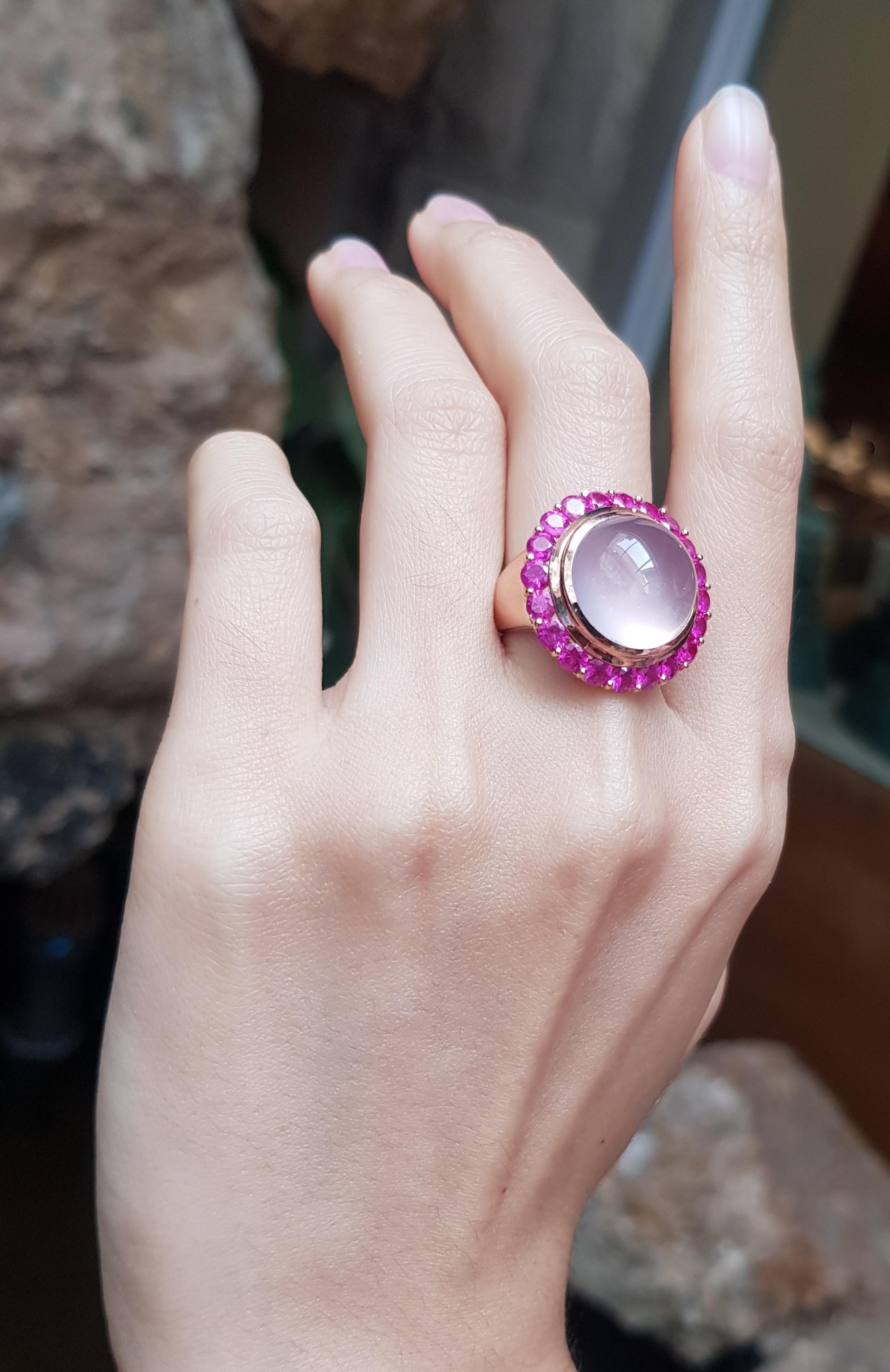 Contemporary Rose Quartz with Pink Sapphire Ring Set in 18 Karat Rose Gold Settings For Sale