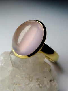 Rose Quartz Yellow Gold Ring Natural Cabochon Brazilian Stone Unisex