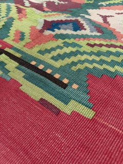 Kilim Besarabio Rosa Rojo - Alfombra de pueblo europea vintage de tejido plano - 8×10