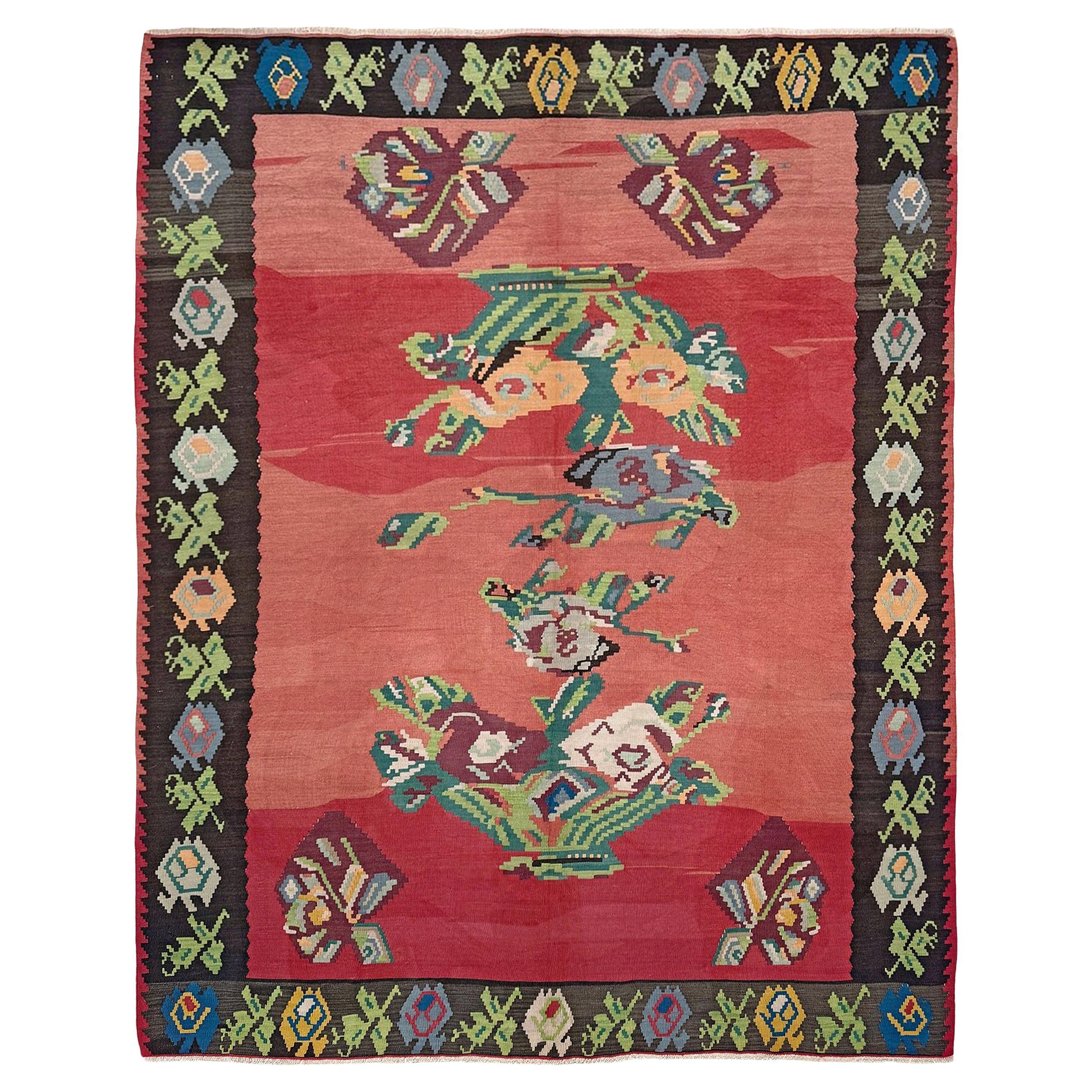 Rose Red Bessarabian Kilim • Vintage European Flatweave Village Rug • 8×10 in vendita