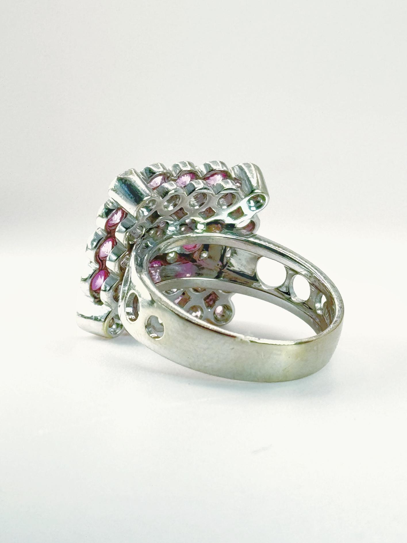 Rose Sapphires and Diamond 18K White Gold Cocktail Ring For Sale 1