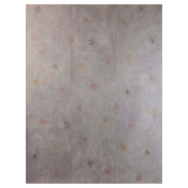 Grey, yellow pink handmade hand painted wallpaper wall decor Rose Scented Mirage For Sale
