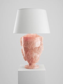 Lampe de bureau en forme de sculpture de rose 13 roses, bloc d'onyx rose sculpté à la main, abat-jour en lin