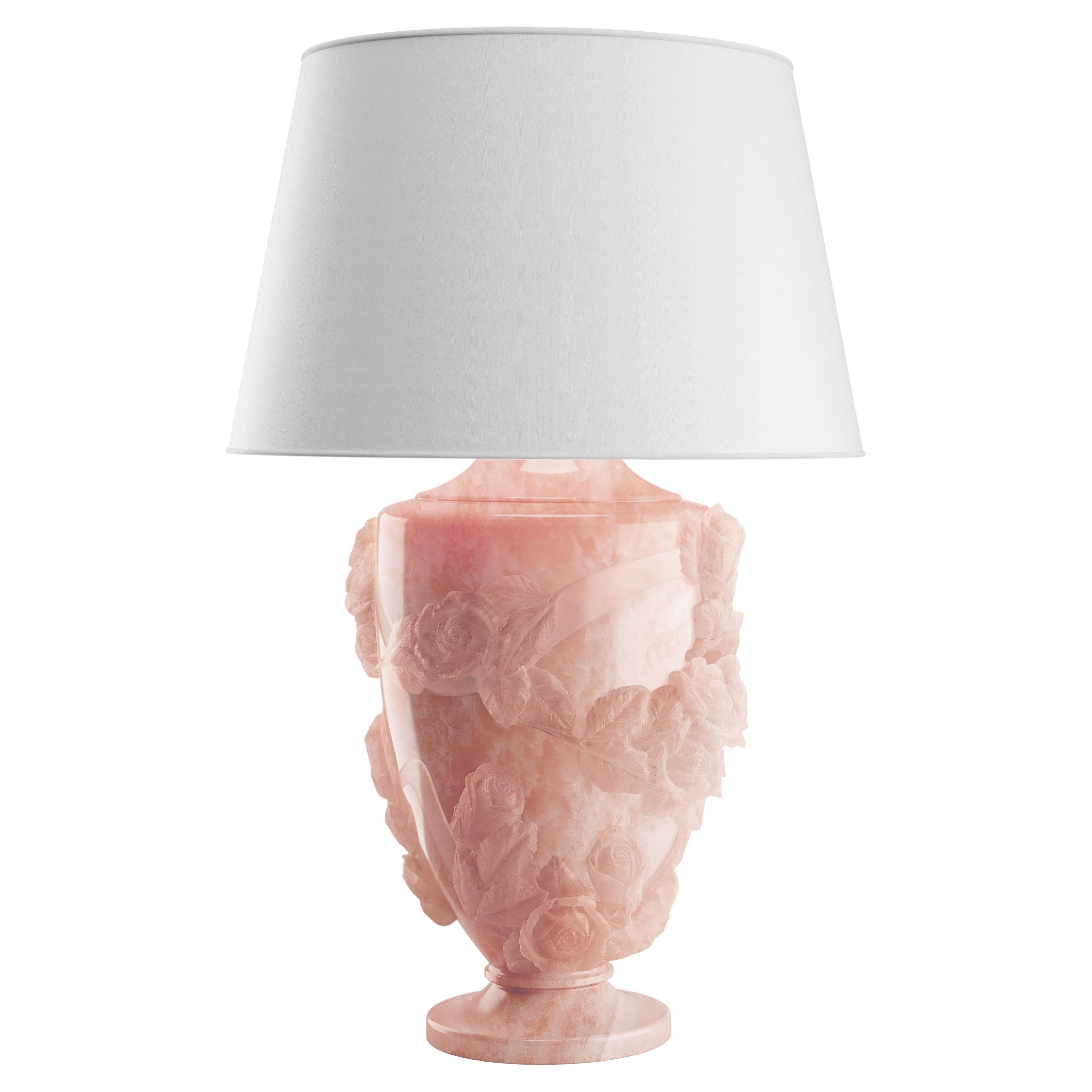 Rose Sculpture Table Lamp 13 Roses Hand Carved Pink Onyx Block, Linen Lampshade  For Sale