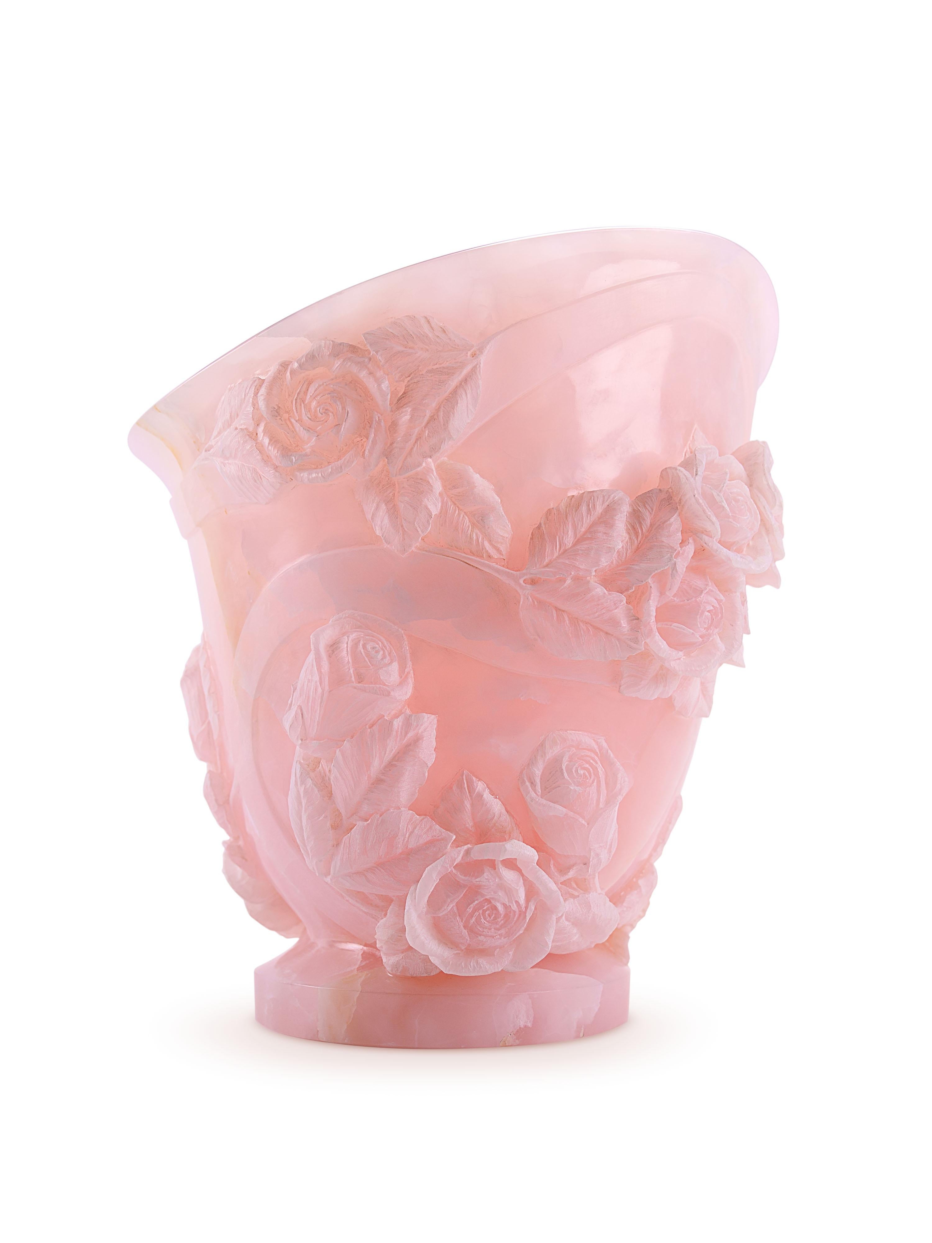 Rose Sculpture Vase 13 Roses Hand Carved Italy Pink Onyx Block Limited Edition For Sale 2