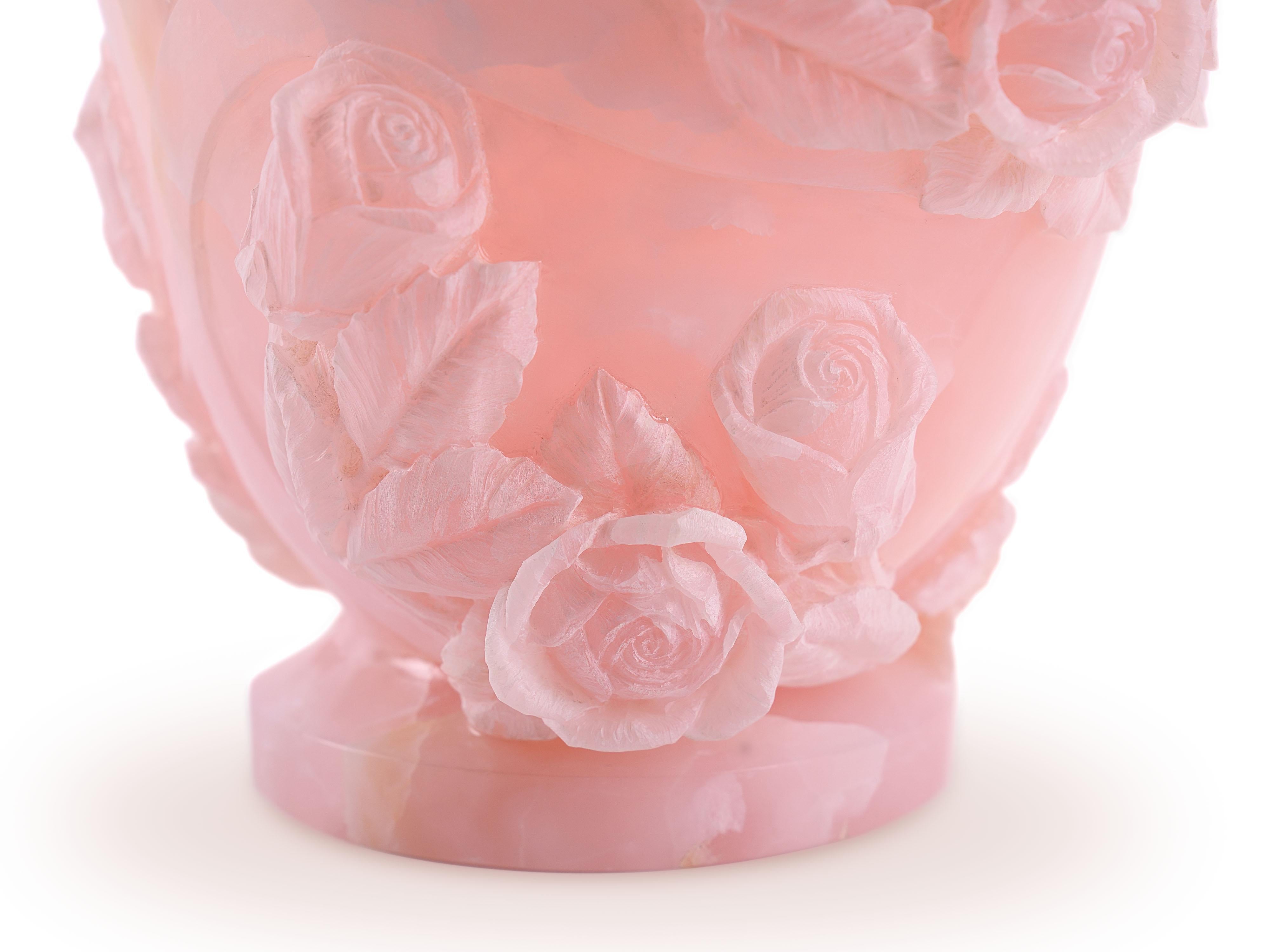 Rose Sculpture Vase 13 Roses Hand Carved Italy Pink Onyx Block Limited Edition For Sale 4