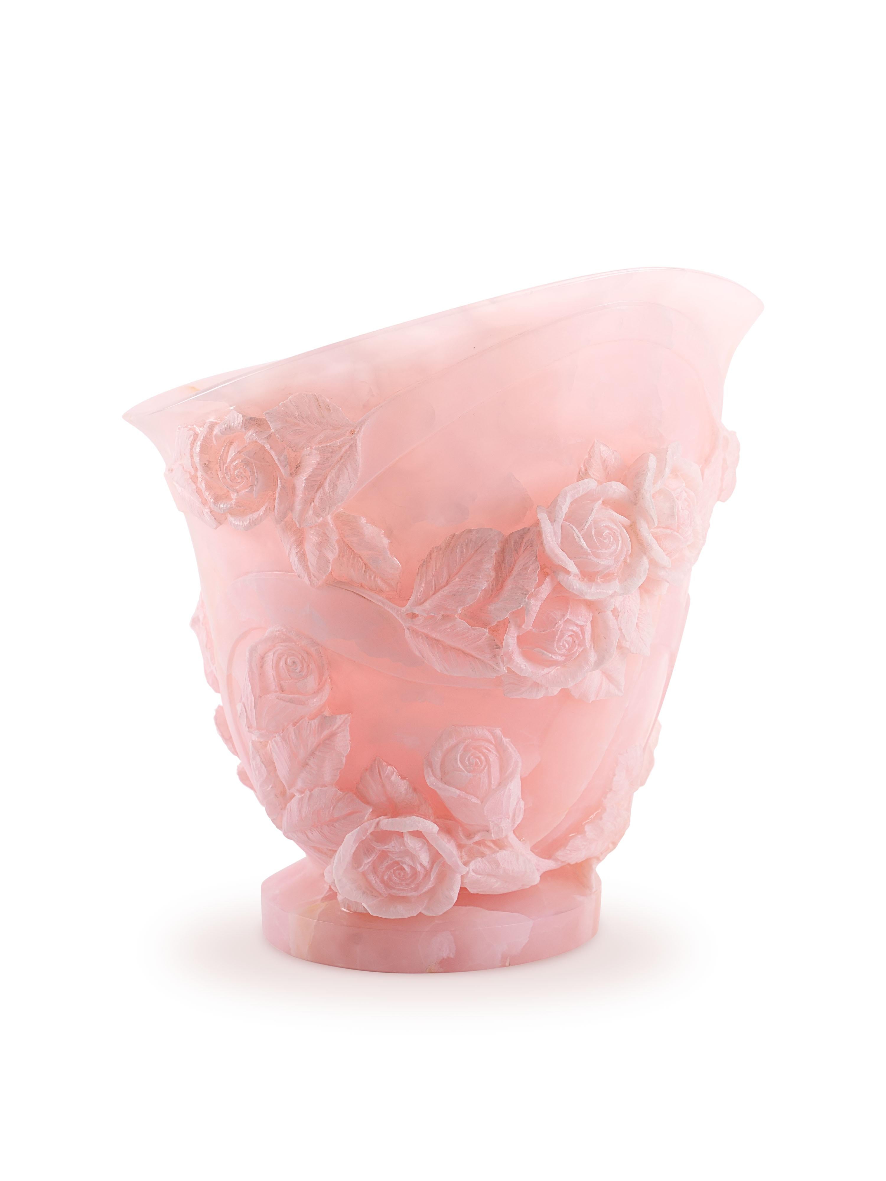 Classical Roman Rose Sculpture Vase 13 Roses Hand Carved Italy Pink Onyx Block Limited Edition For Sale