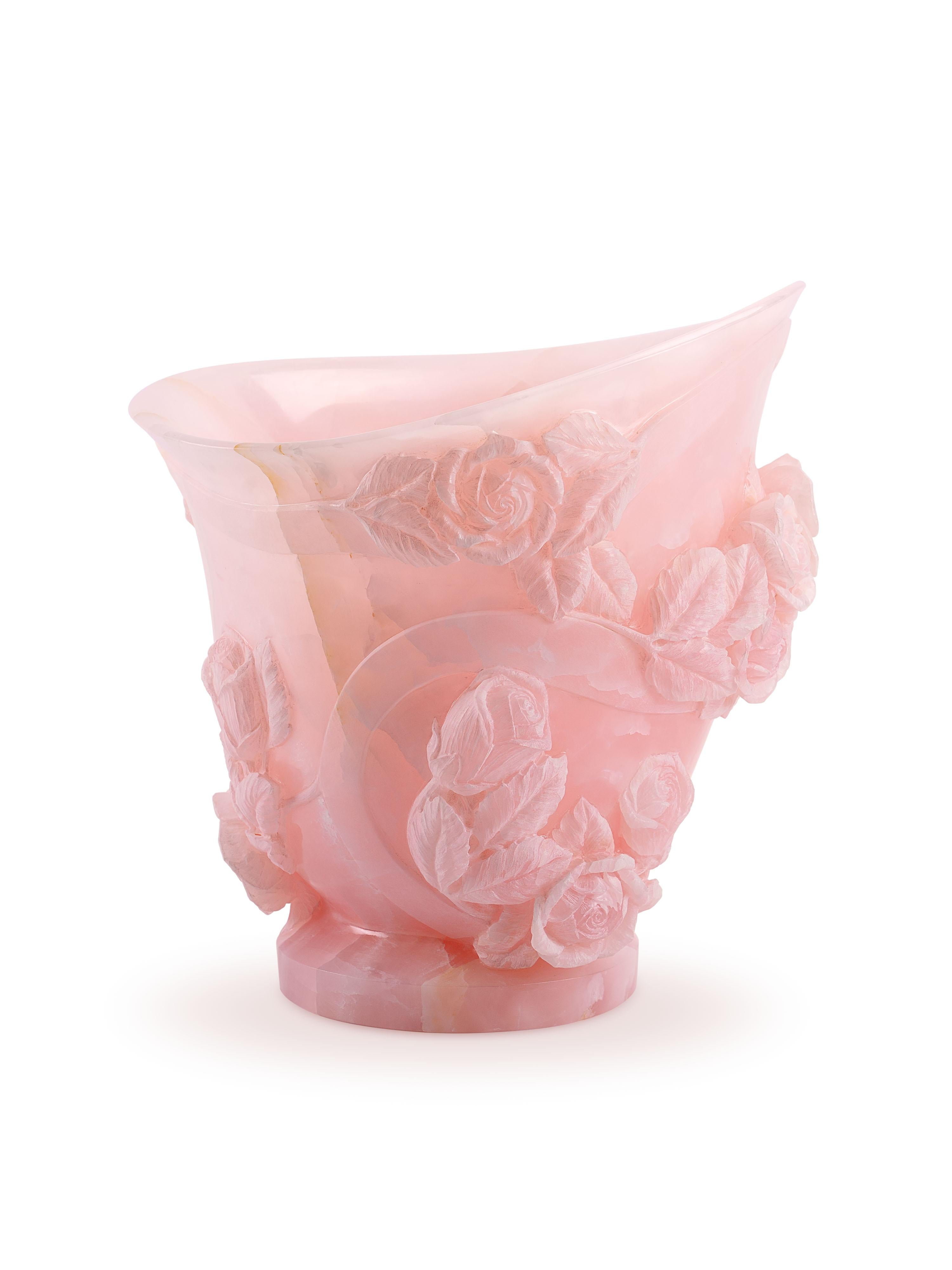 Italian Rose Sculpture Vase 13 Roses Hand Carved Italy Pink Onyx Block Limited Edition For Sale