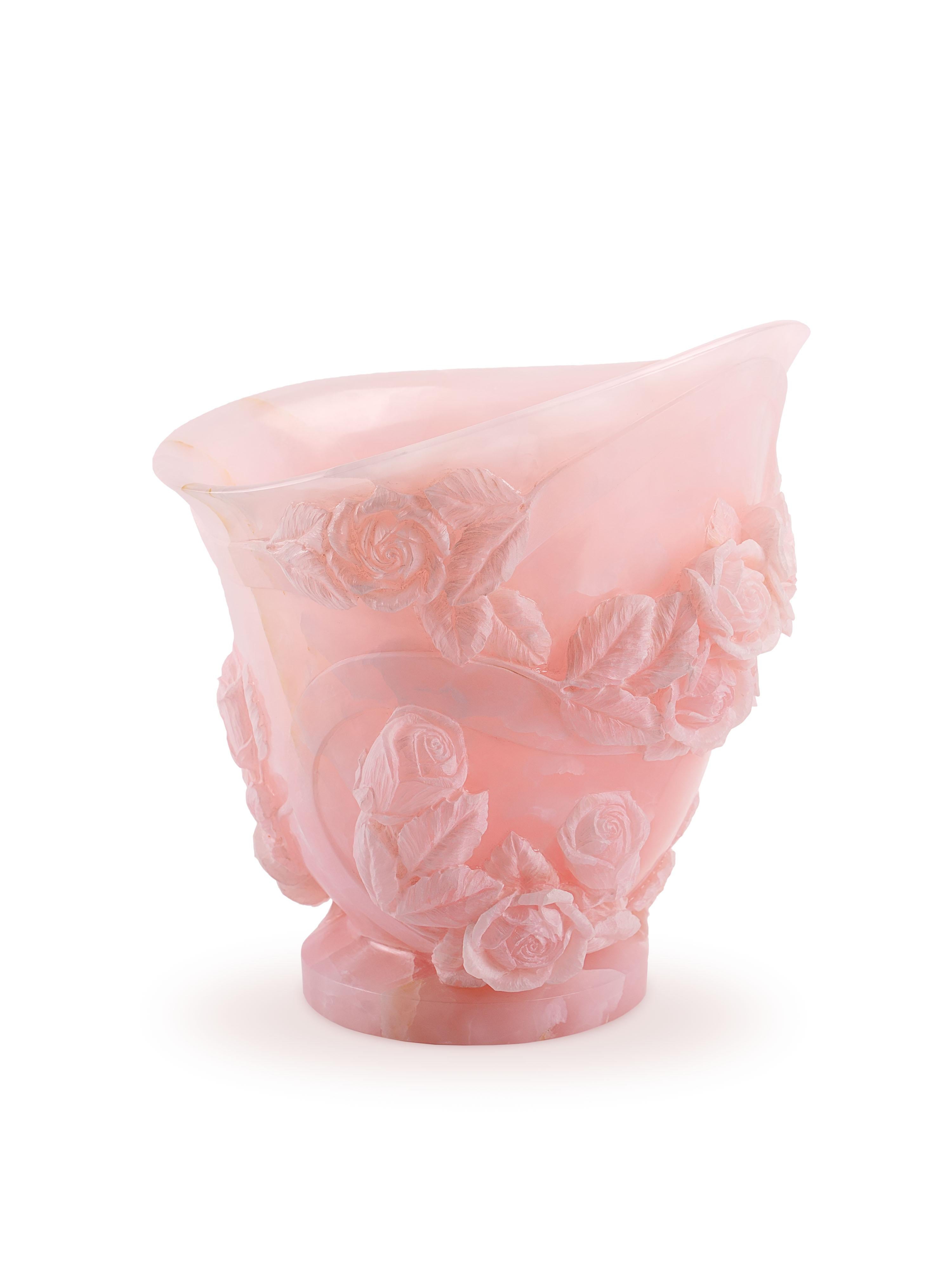 Hand-Carved Rose Sculpture Vase 13 Roses Hand Carved Italy Pink Onyx Block Limited Edition For Sale