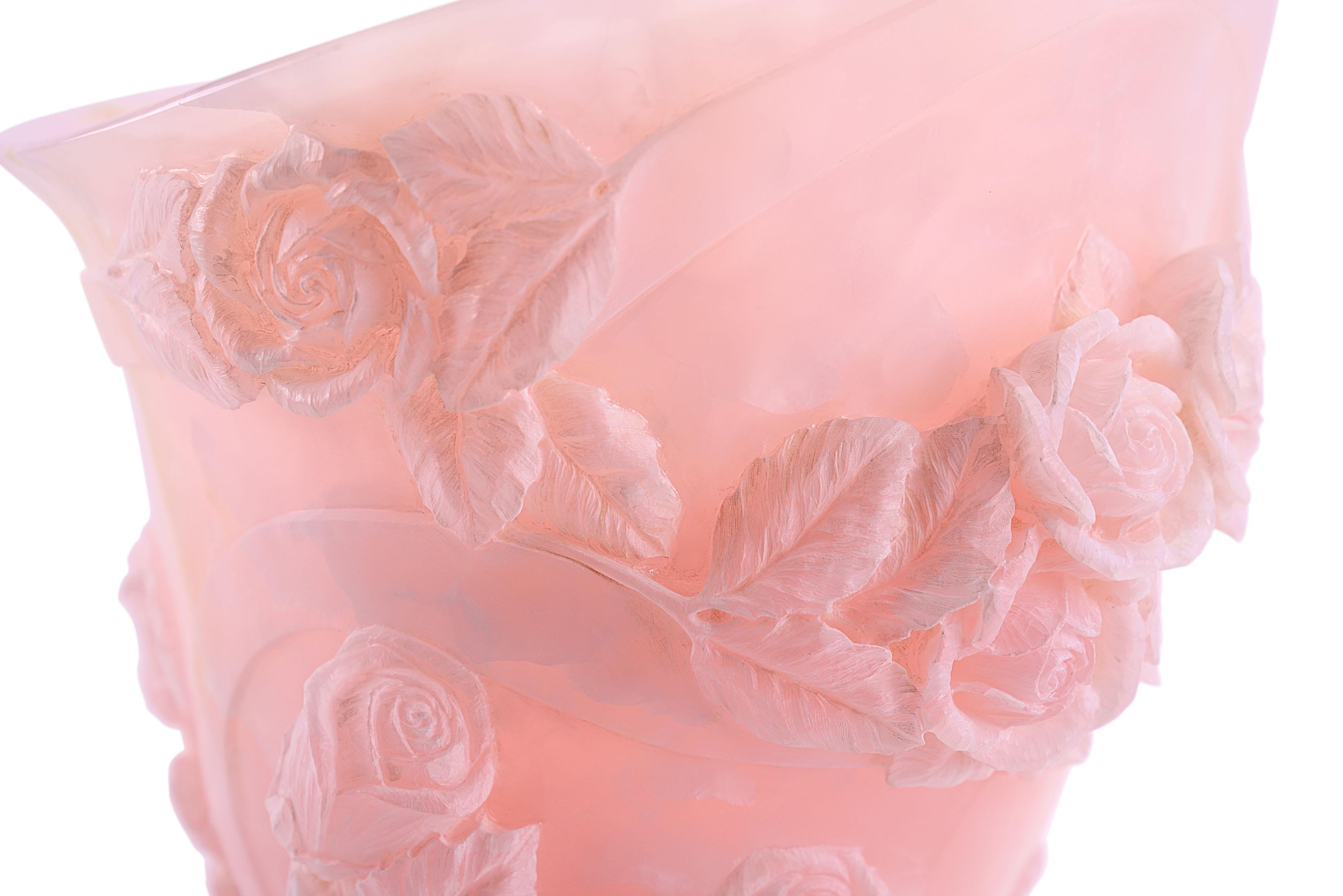 Rose Sculpture Vase 13 Roses Hand Carved Italy Pink Onyx Block Limited Edition For Sale 1