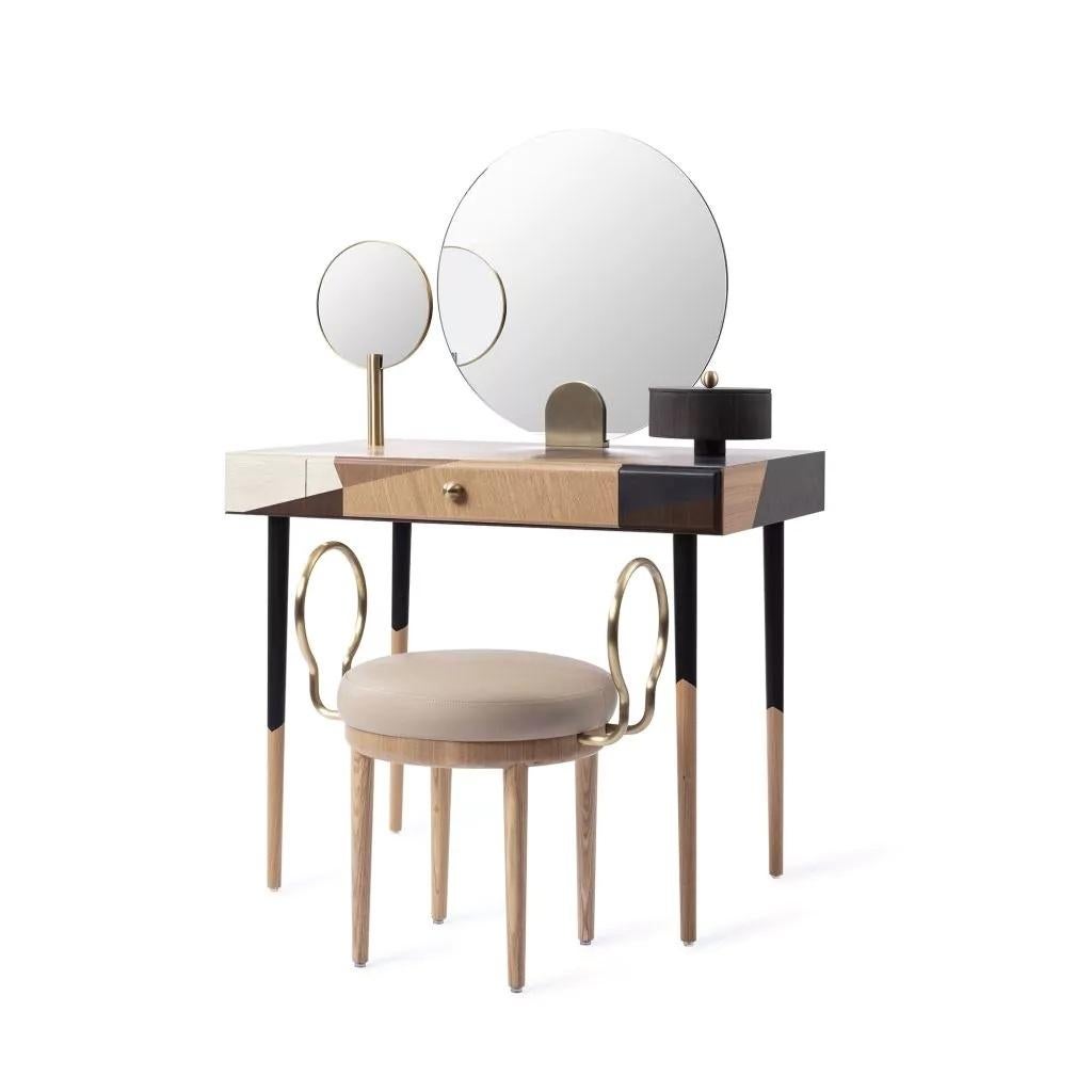 Rose Selavy marquetry vanity desk with stool by Thomas Dariel, Maison Dada
Measures: Vanity desk • W 93.5 x D 62 x H 138.6 cm
Stool • W 57 x D 46 x H 64 cm
Desktop in colour-painted multiple veneers
Structure in MDF • Metal legs with painted ash