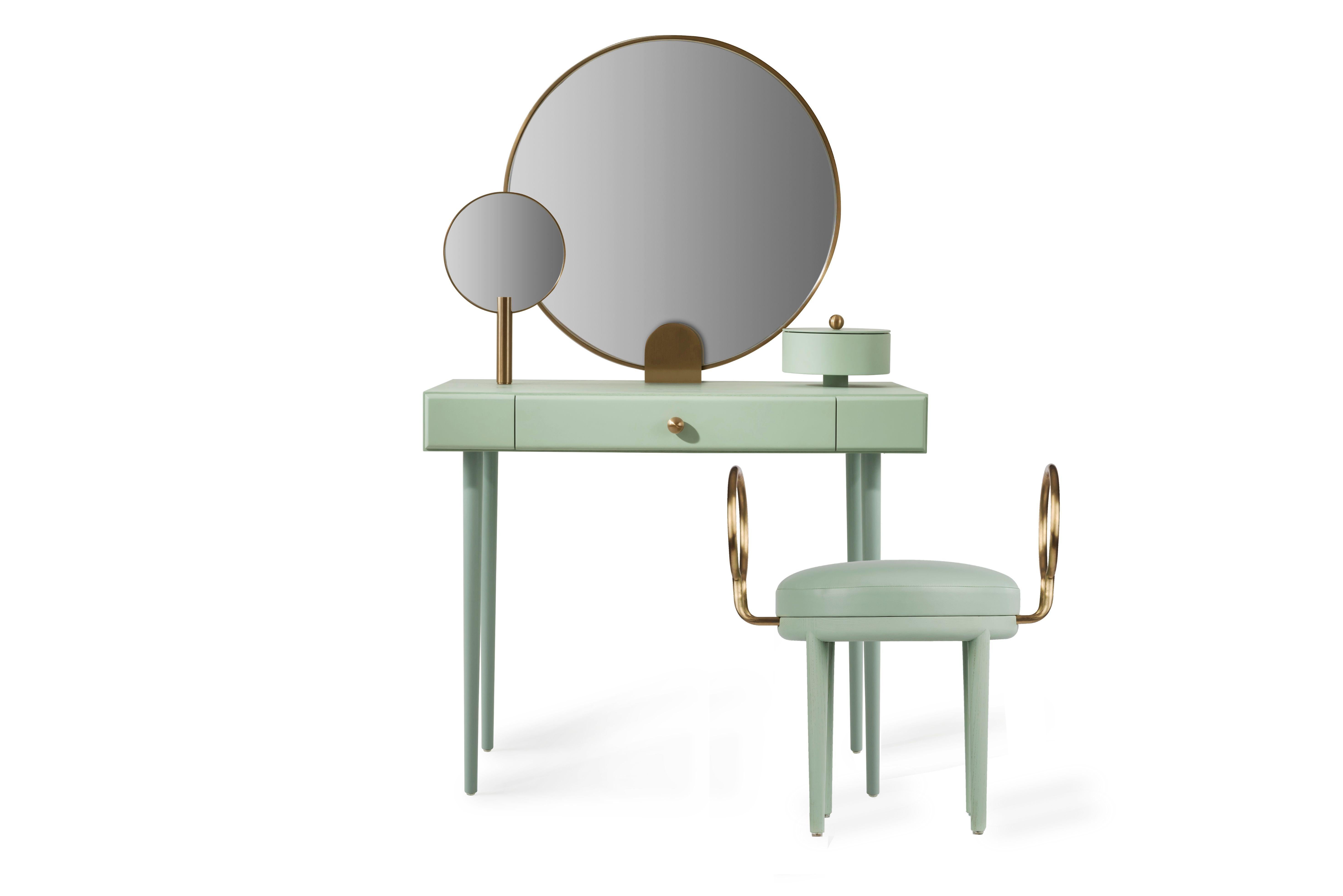 Rose Selavy vanity desk with stool by Thomas Dariel, Maison Dada
Vanity desk • W 94* D 59 * H 139.5 cm
Stool • W 57 * D 43 * H 64 cm
Desktop in painted ash veneer • fronts in matte paint finish
Structure in MDF • Metal legs with painted ash