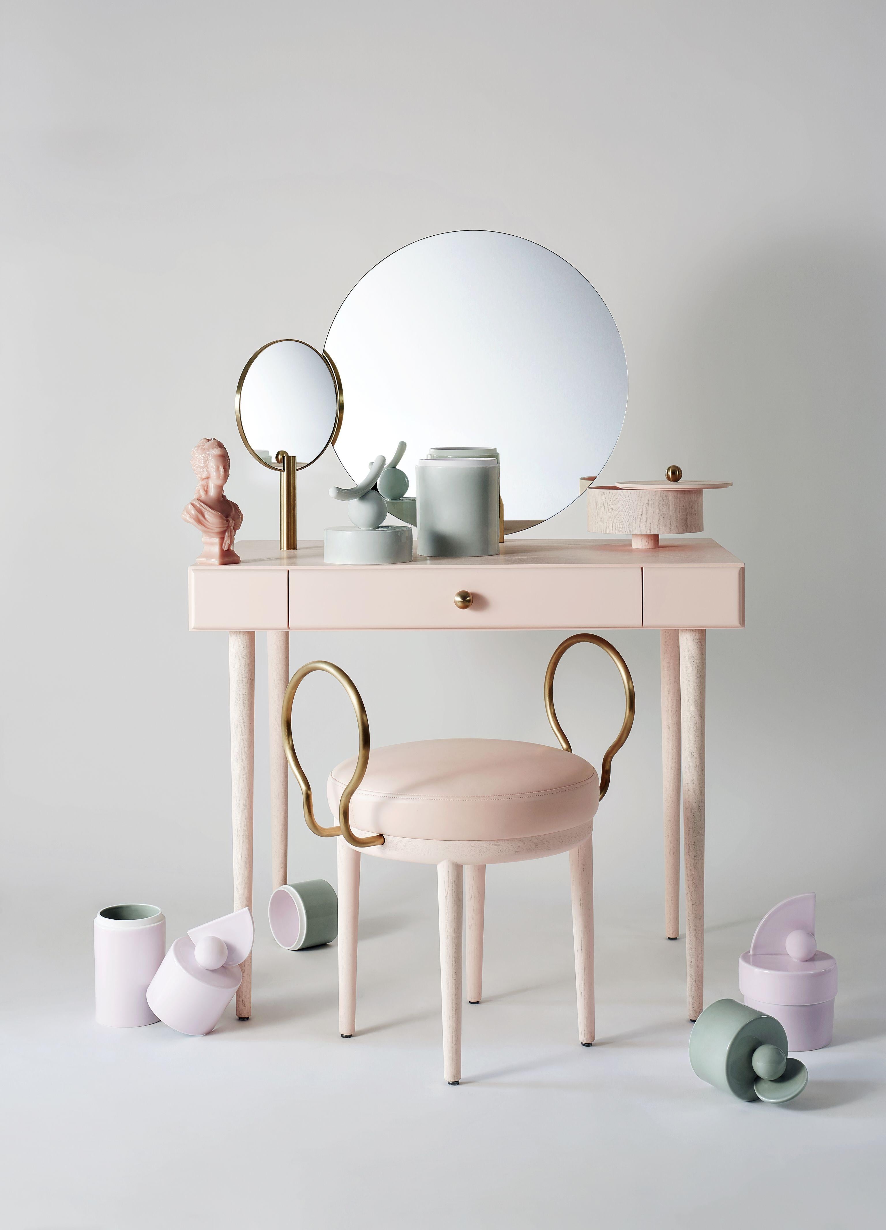 Rose selavy vanity desk with stool by Thomas Dariel, Maison Dada
Vanity desk • W94 x D59 x H139.5 cm
Stool • W57 x D43 x H64 cm
Desktop in painted ash veneer • fronts in matte paint finish
Structure in MDF • Metal legs with painted ash veneer
Fixed