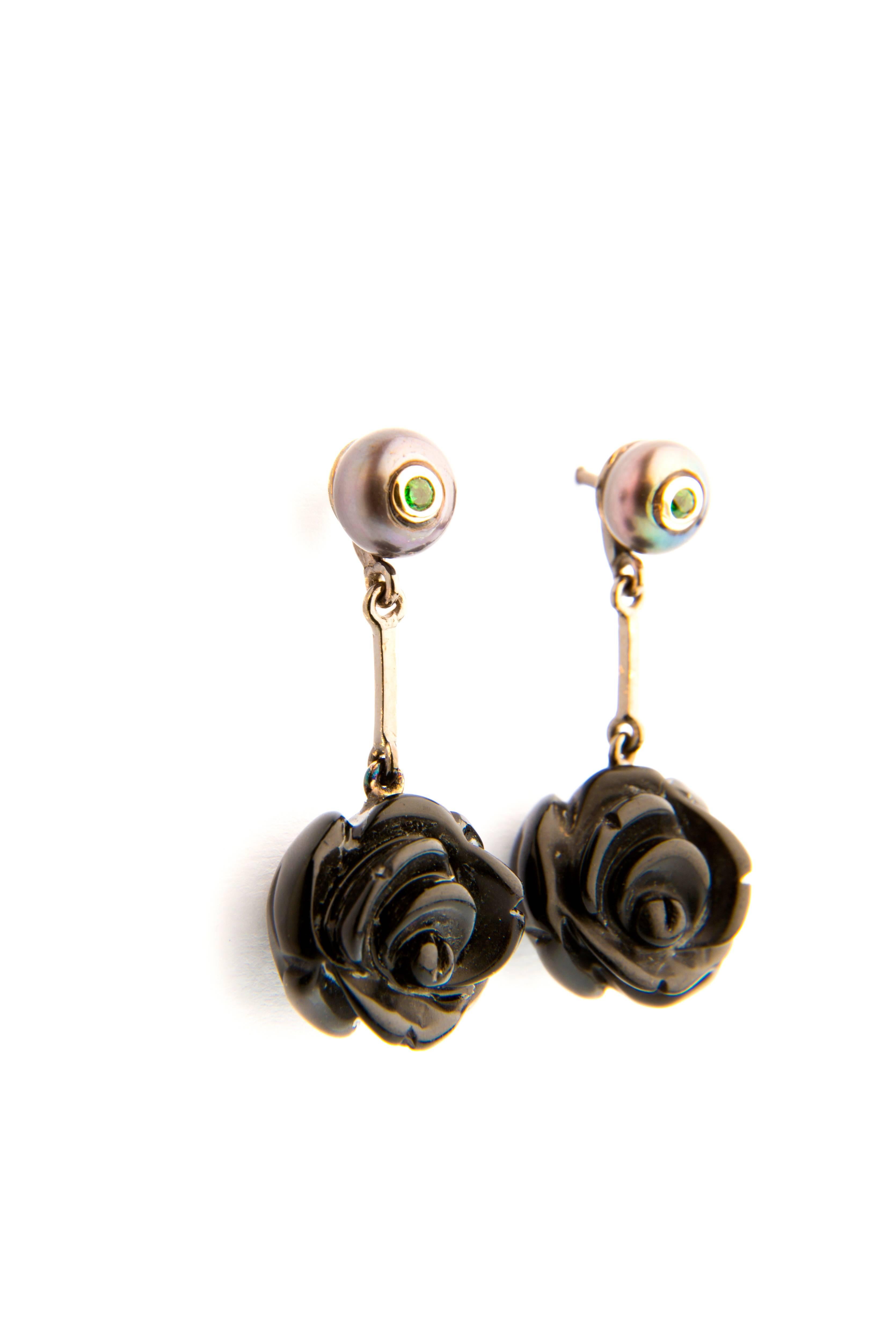 Contemporary Rose Shaped Onxy Dangle Earrings with Tsavorites and Pearls in 18 Karat Gold For Sale