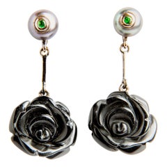 Rose Shaped Onxy with Rubies and Pearls 18 Carat Gold Dangle Earrings