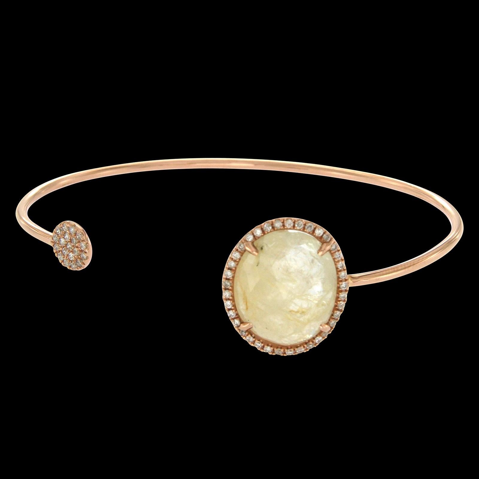 Rose Sliced 8.8 Ct Moon Stone & 0.33 Ct Diamonds 14k Rose Gold Bangle Bracelet In New Condition In Los Angeles, CA
