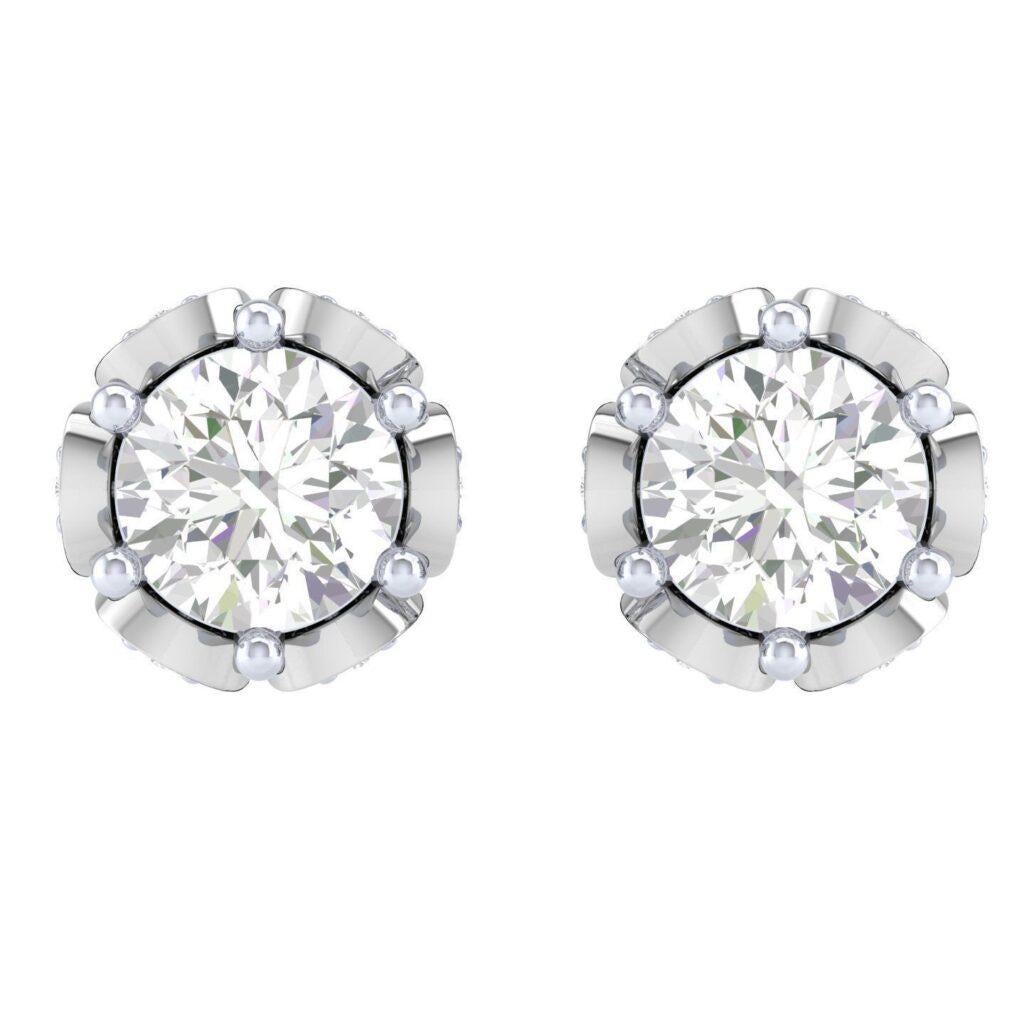 Round Cut Rose Stud Diamond Earrings, 18k White Gold, 1.004ct For Sale