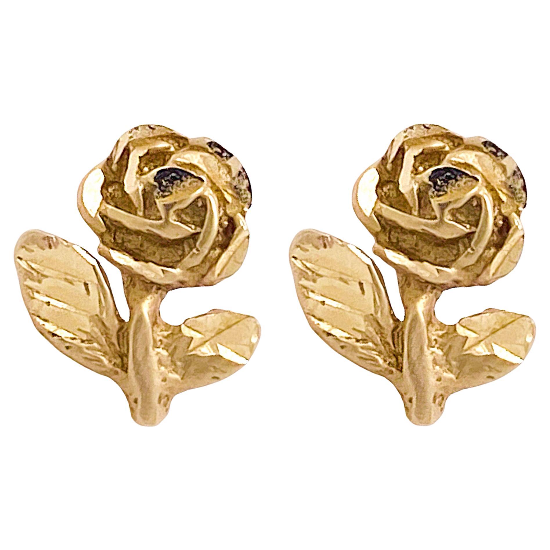 Rose Stud Earrings, Yellow Gold, Detailed Rose Flower Stud For Sale