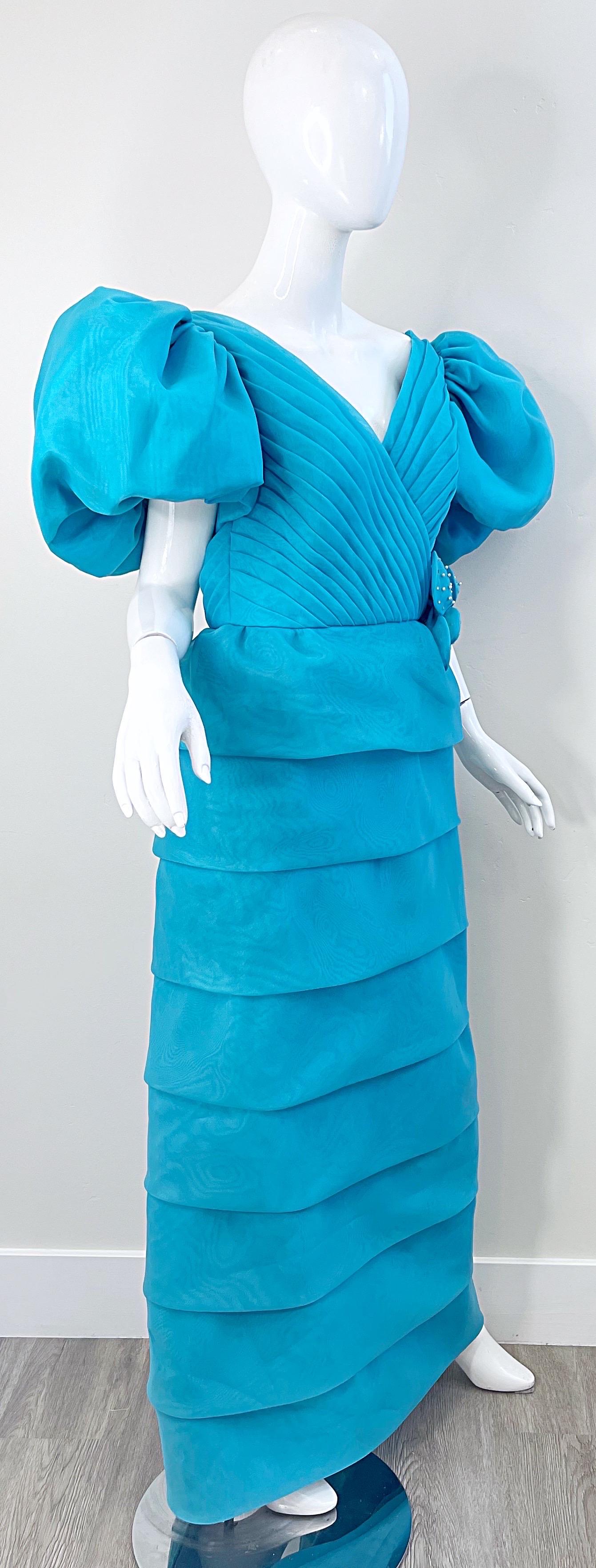 Rose Taft Couture 1980s NWT Turquoise Blue Chiffon Puff Sleeve 80s Vintage Gown For Sale 4