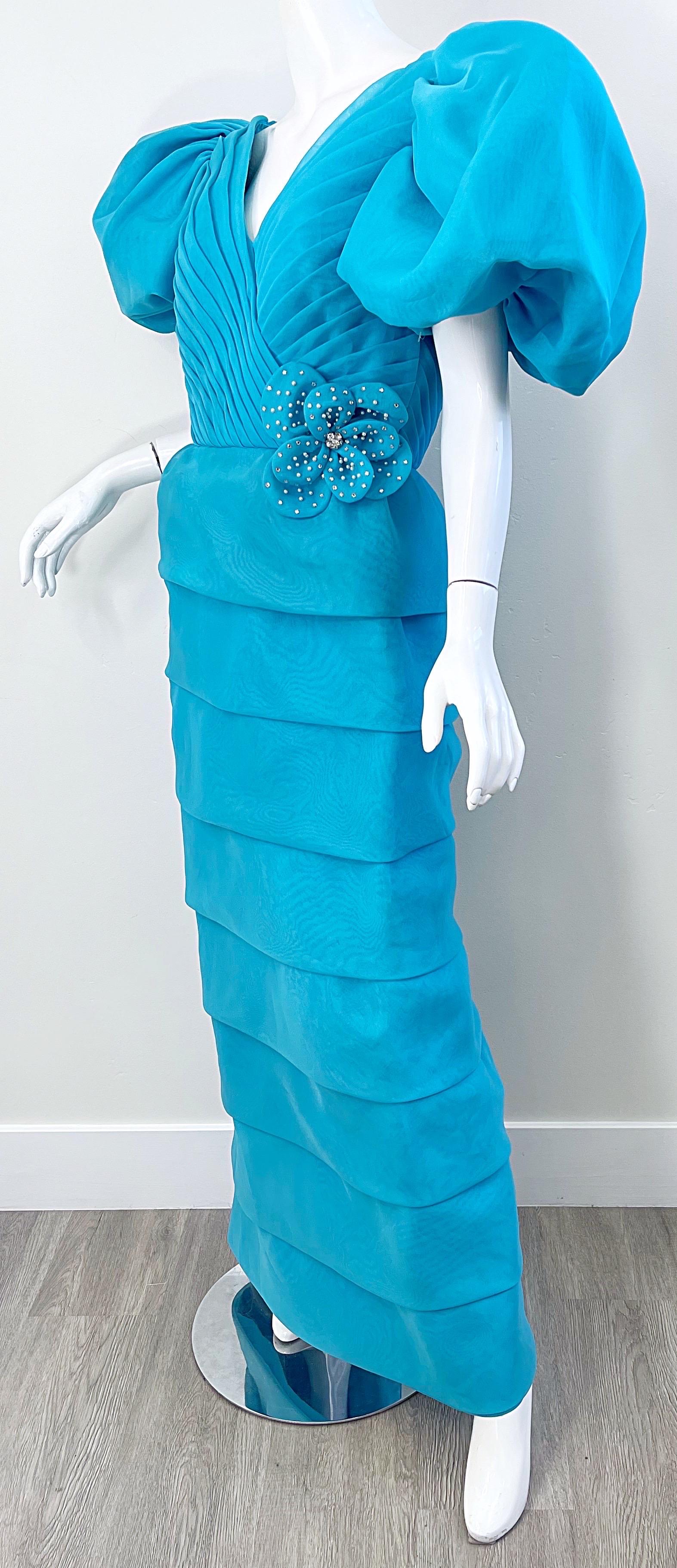 Rose Taft Couture 1980s NWT Turquoise Blue Chiffon Puff Sleeve 80s Vintage Gown For Sale 7