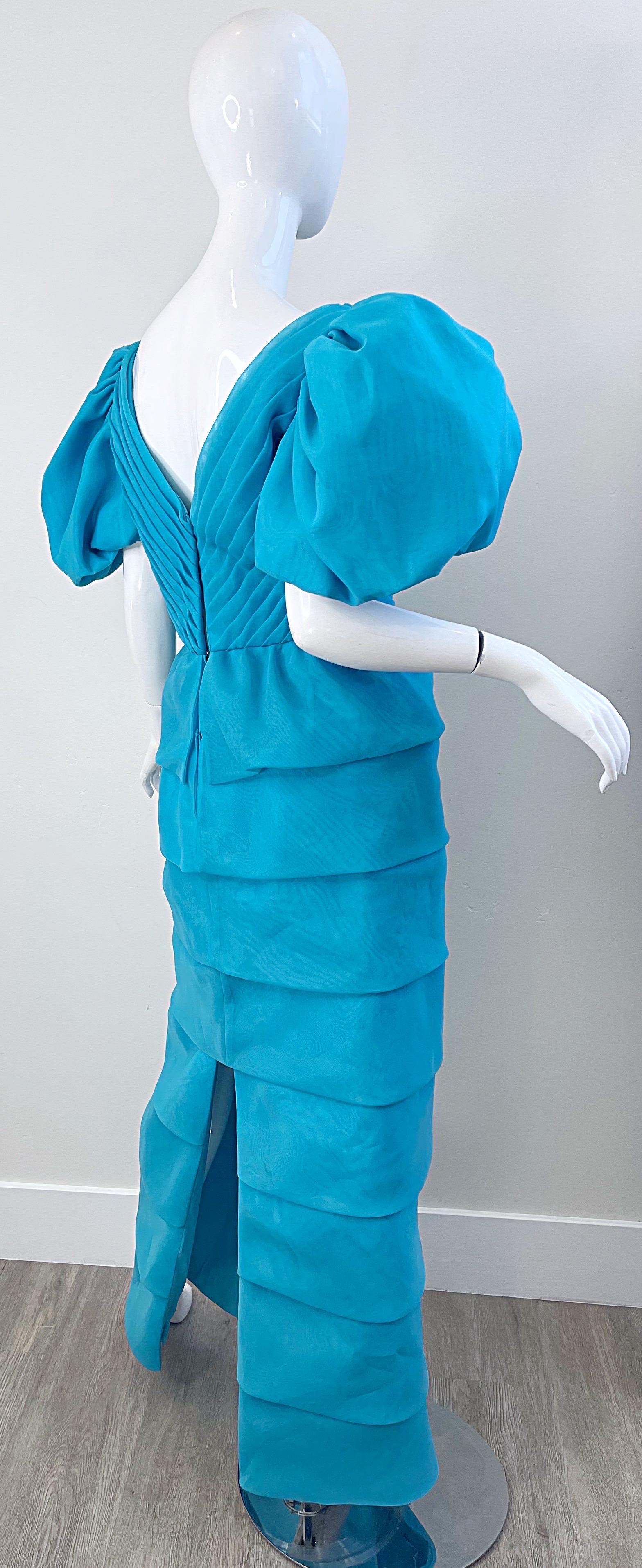 Rose Taft Couture 1980s NWT Turquoise Blue Chiffon Puff Sleeve 80s Vintage Gown For Sale 8