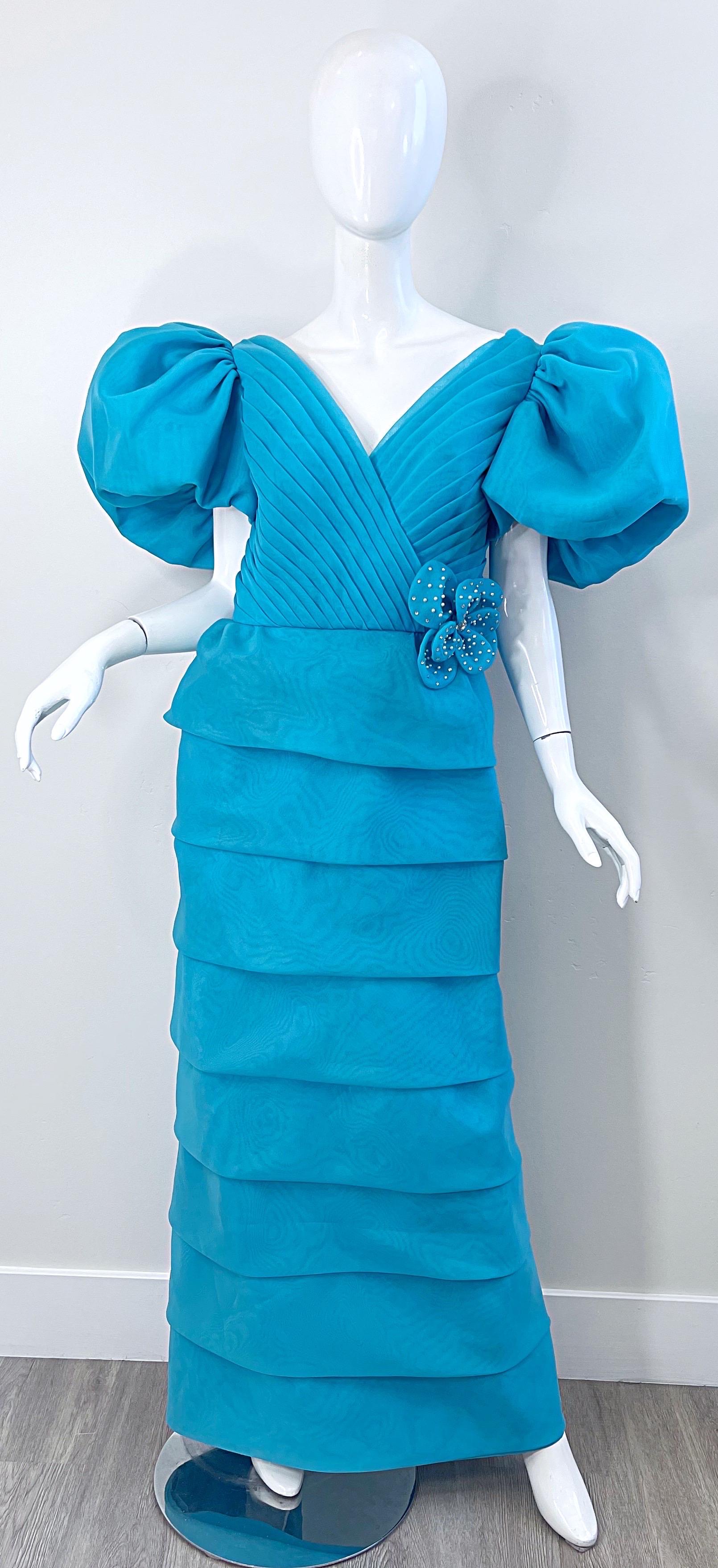Rose Taft Couture 1980s NWT Turquoise Blue Chiffon Puff Sleeve 80s Vintage Gown For Sale 9