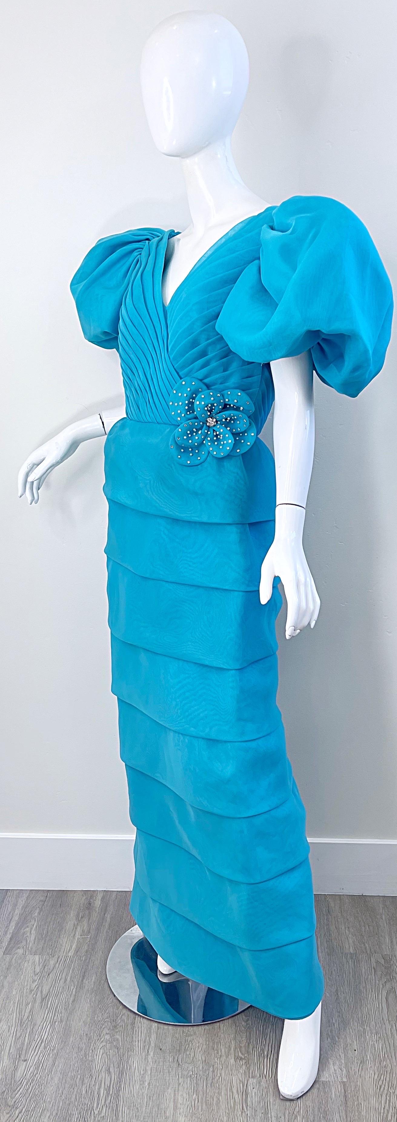 Rose Taft Couture 1980s NWT Turquoise Blue Chiffon Puff Sleeve 80s Vintage Gown In New Condition For Sale In San Diego, CA