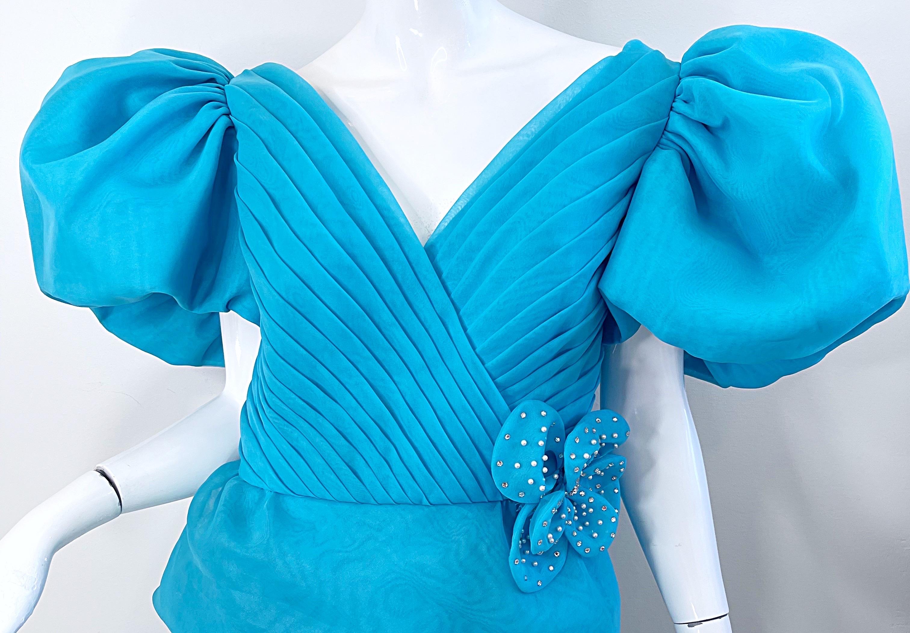 Rose Taft Couture 1980s NWT Turquoise Blue Chiffon Puff Sleeve 80s Vintage Gown For Sale 1