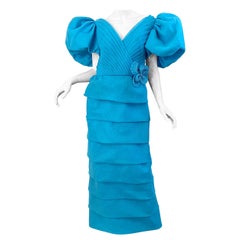 Rose Taft Couture 1980 NWT Turquoise Blue Chiffon Puff Sleeve 80s Vintage Gown