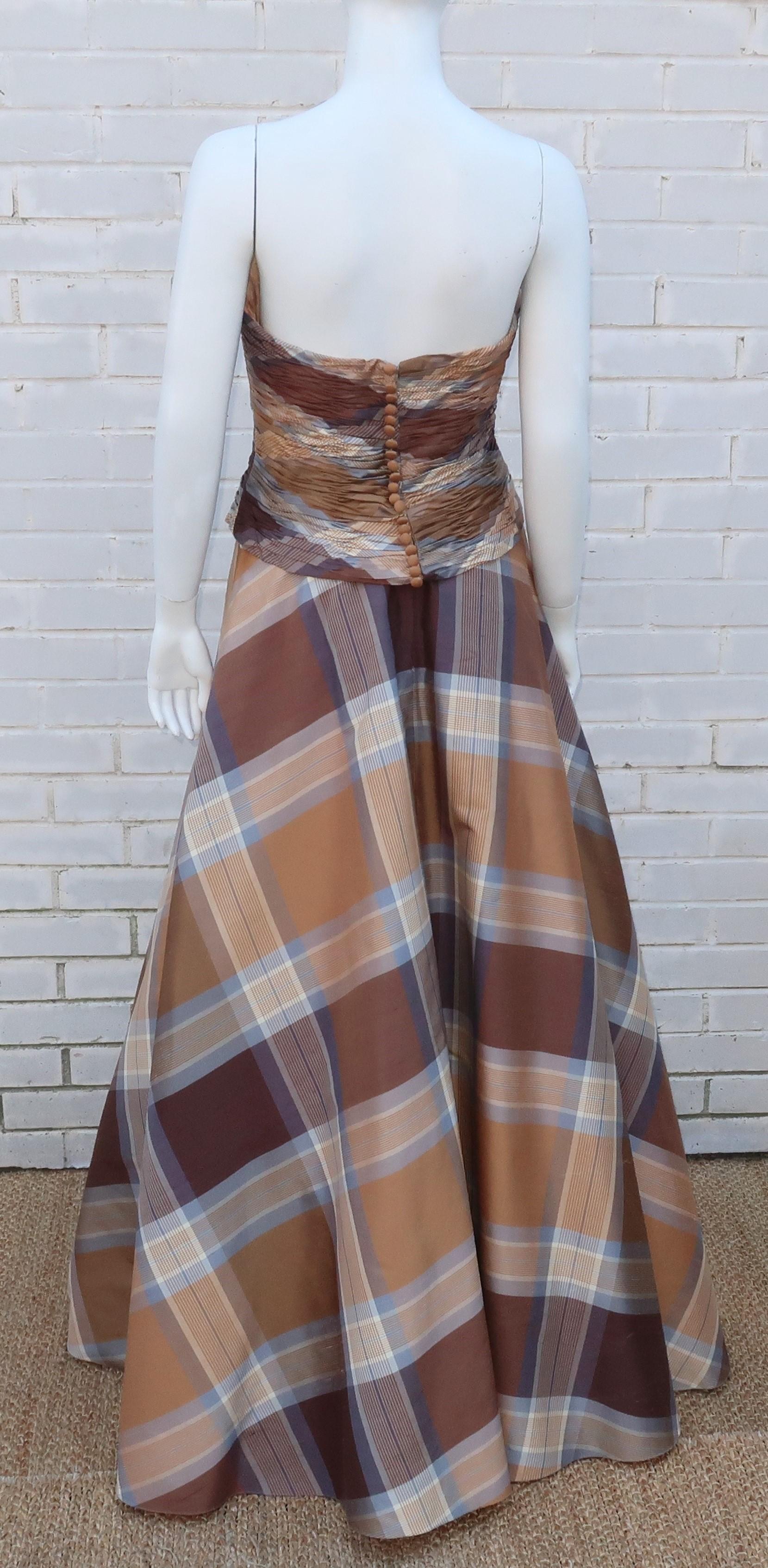 Rose Taft Couture Brown Plaid Silk Evening Dress With Corset Style Bodice  4