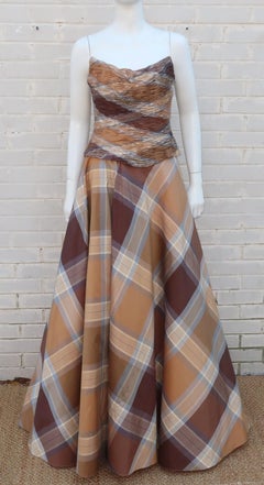 Rose Taft Couture Brown Plaid Silk Evening Dress With Corset Style Bodice